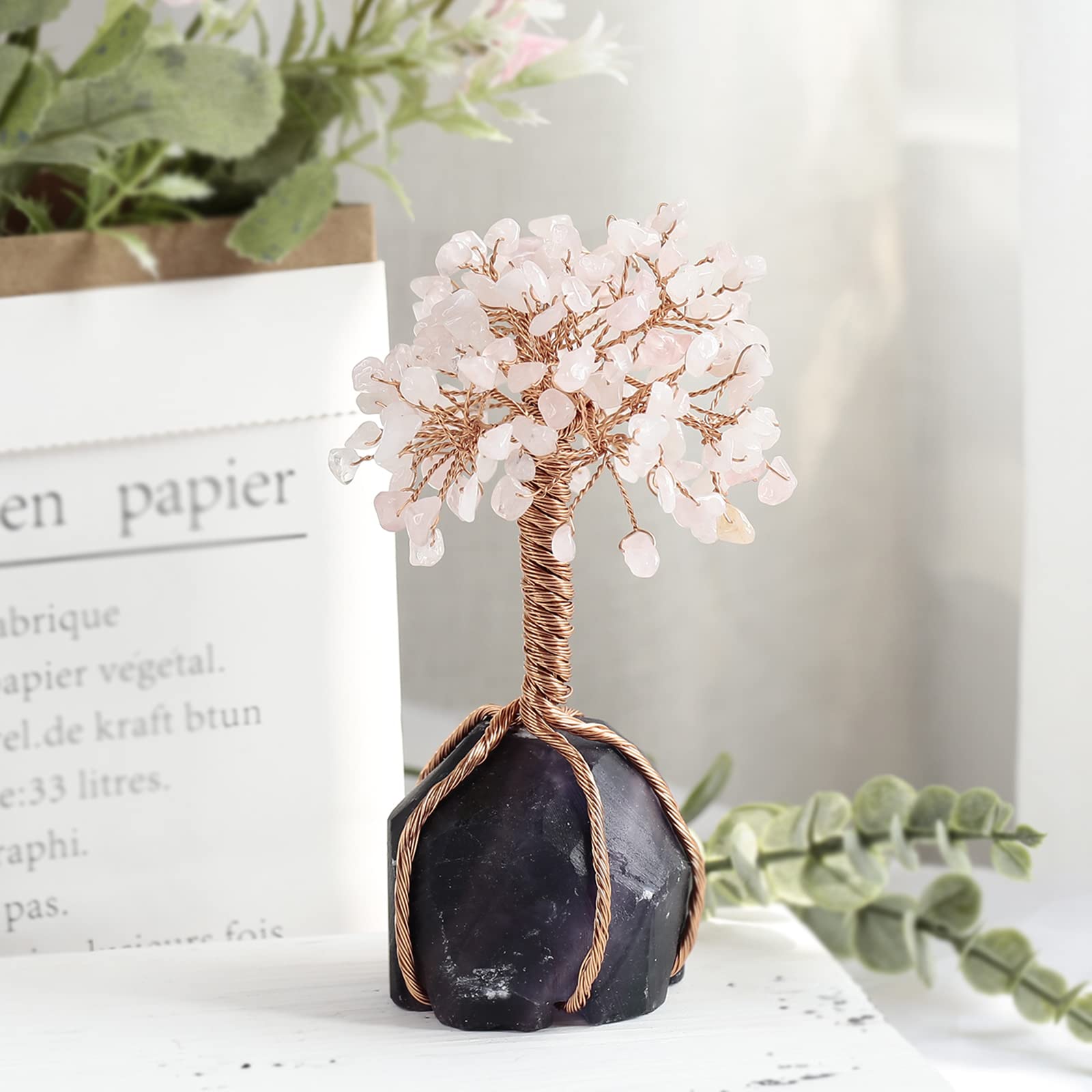 Rose Quartz Crystal Tree with Fluorite Base - Feng Shui Bonsai Money Tree for Wealth, Luck & Positive Energy | Home Office Decor, Meditation Gift, Spiritual Healing