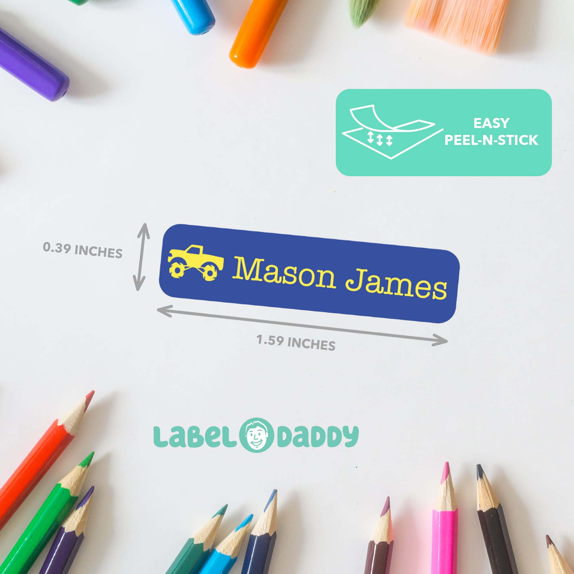Label Daddy Personalized Stickers for Boys - 80 Pack Waterproof Name Labels for Kids School Supplies, Shoes & Lunch Boxes - Durable Truck Design Labels - Perfect for Organizing Backpacks, Sports Gear & Daycare Items