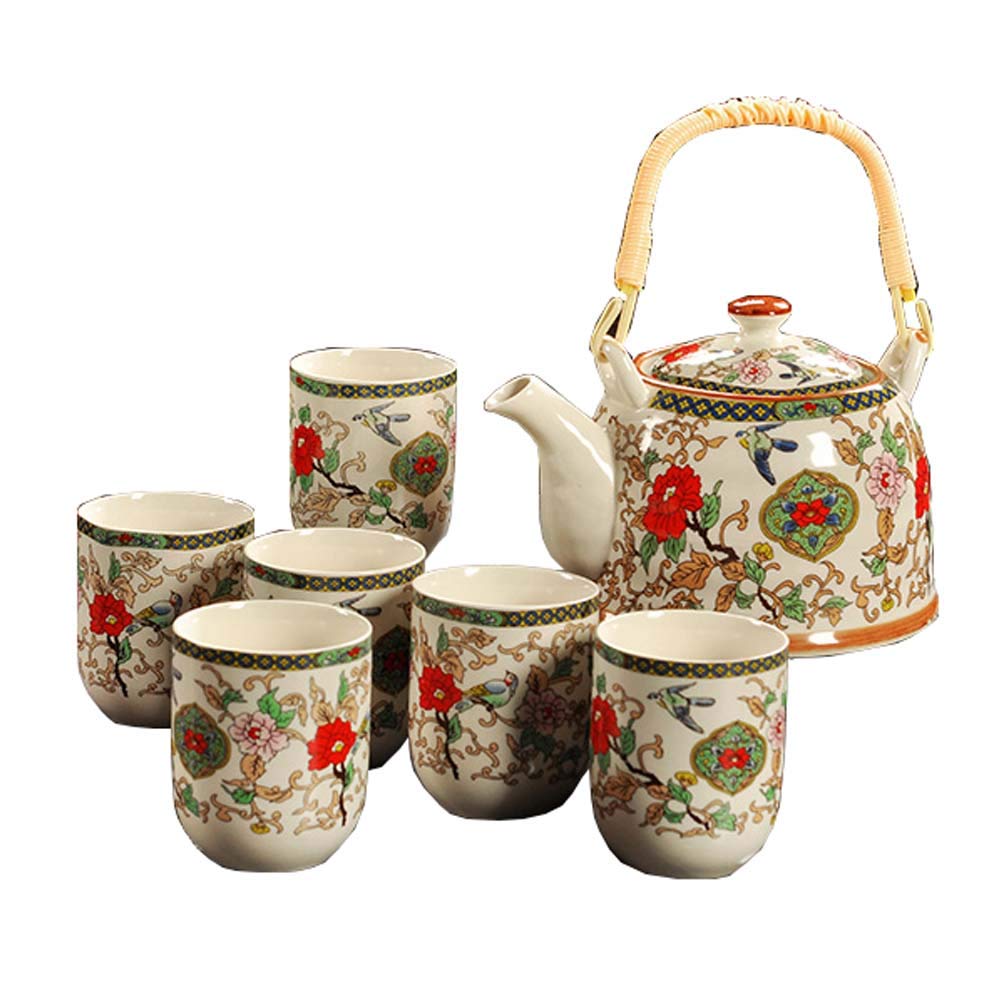 Vintage Ceramic Tea Set - Large Capacity Teapot with Cups, Perfect for Afternoon Tea & Gift Giving - Elegant Floral Design for Home, Office & Special Occasions (B-07)