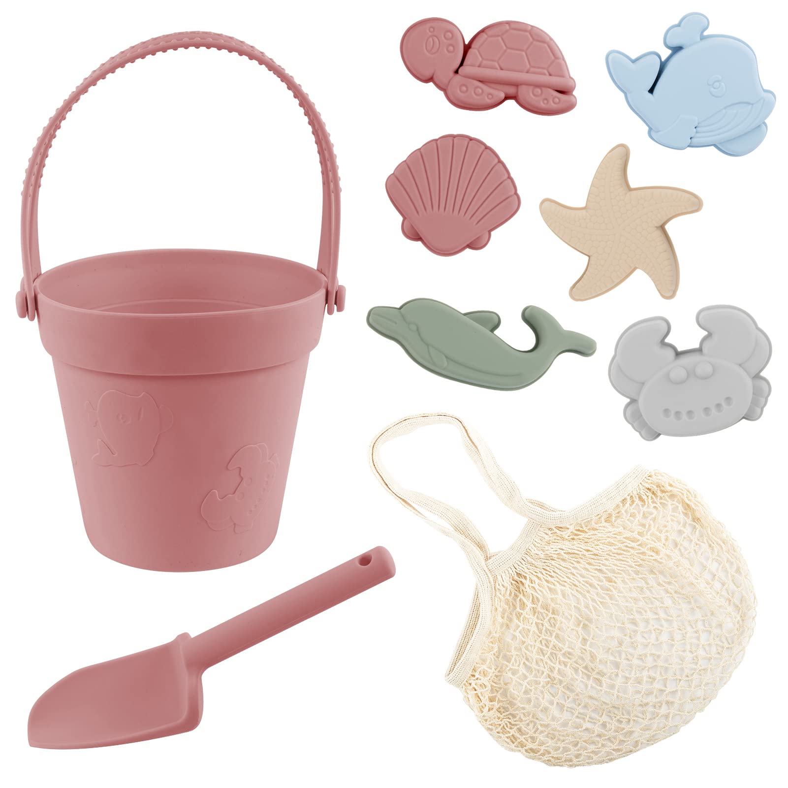 8Pcs Silicone Beach Toys for Toddlers with Portable Storage Bag - Sand Molds, Shovel & Bucket Set for Kids Outdoor Play | Perfect for Beach, Sandbox & Summer Activities (Pink)