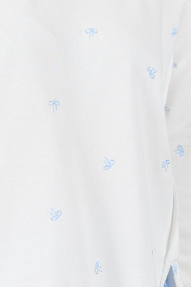 Graceful Challenge White and Blue Bow Sweatshirt - Women's Casual Pullover Sweater | Cozy Fall Winter Fashion | Perfect for Outfits, Dates & Street Style
