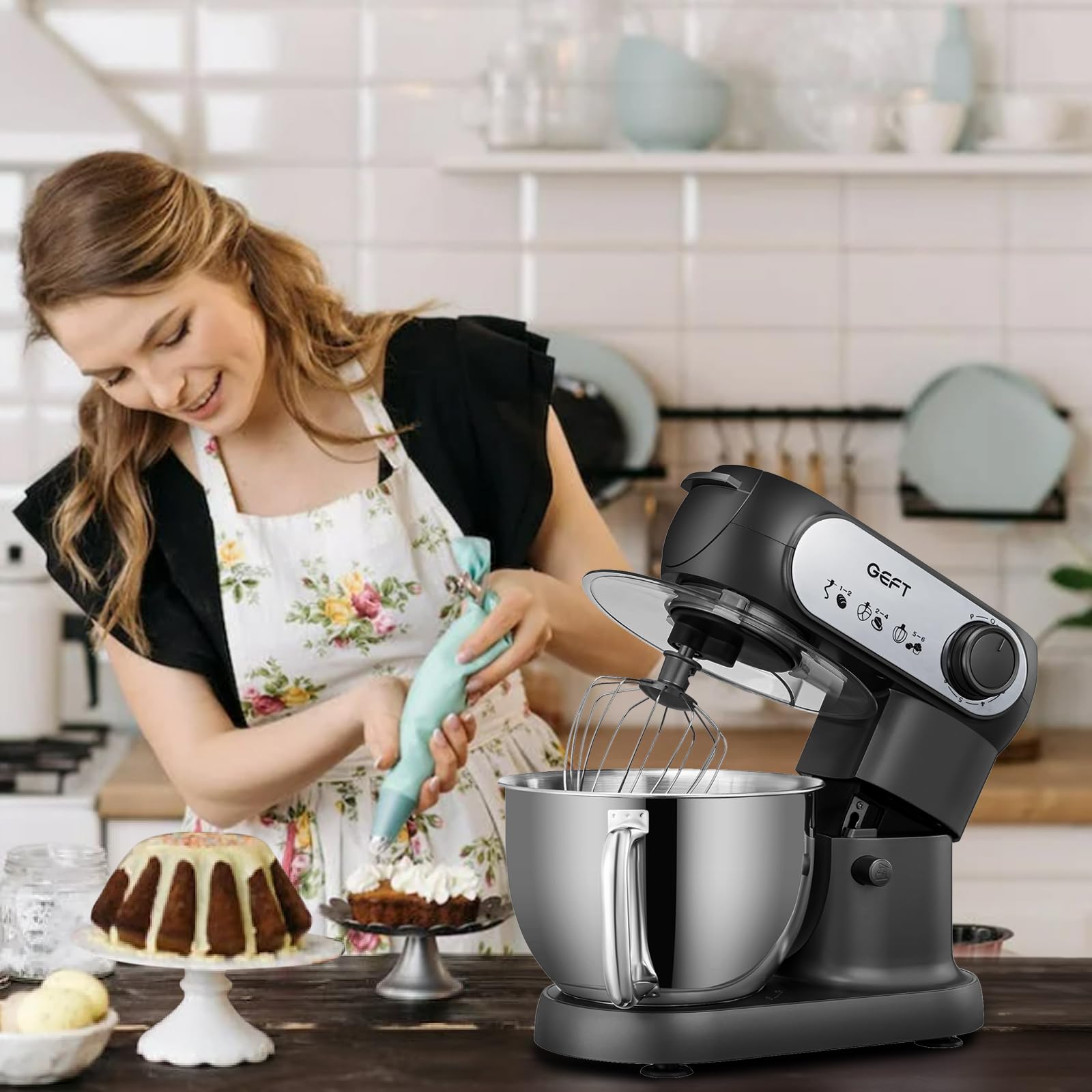 6 QT 600W Tilt-Head Stand Mixer - Powerful Electric Kitchen Mixer with Stainless Steel Bowl, Dishwasher-Safe Dough Hook, Flat Beater & Wire Whisk - Perfect for Baking Bread, Cookies, Cakes & More (Black)