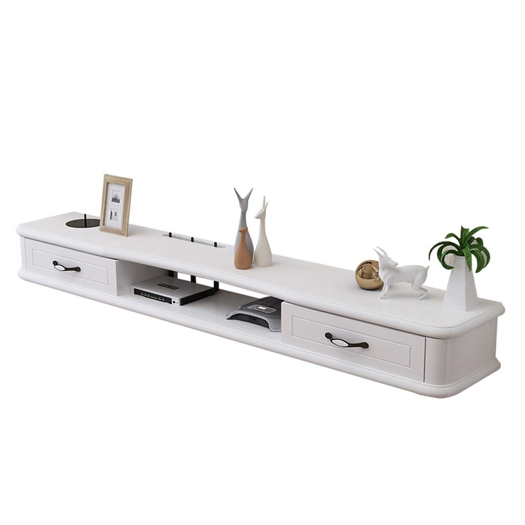 Solid Wood Floating TV Shelf with Drawer - Wall Mounted Storage Cabinet for Router, Set Top Box & Decor Display - White Finish - Perfect for Living Room, Bedroom & Home Office Organization