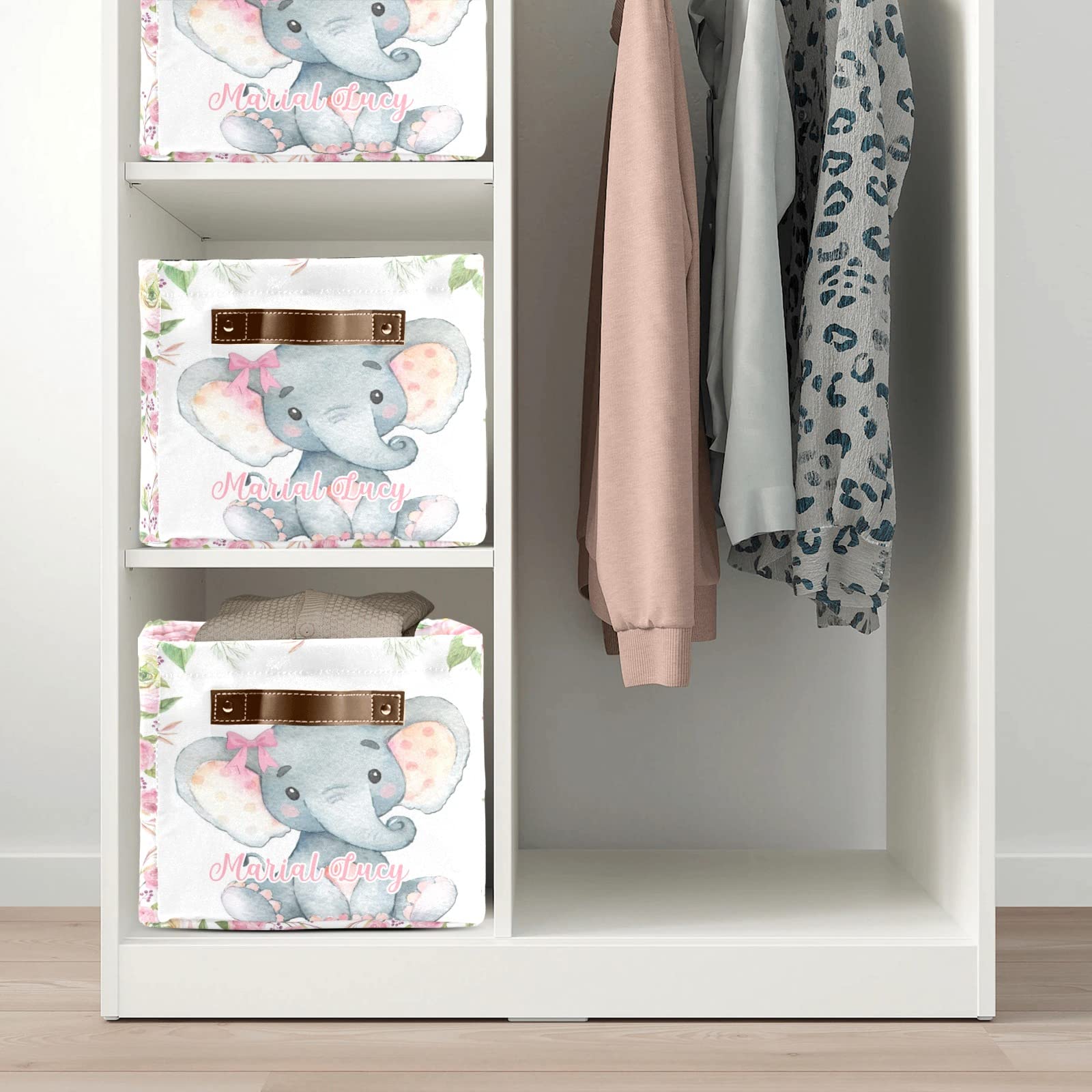 Personalized Pink Roses Elephant Storage Bins - 4 Pack Durable Cube Organizers with Handles for Nursery, Wardrobe, Shelves & Toy Organization | Perfect for Kids' Room Decor & Clutter Control