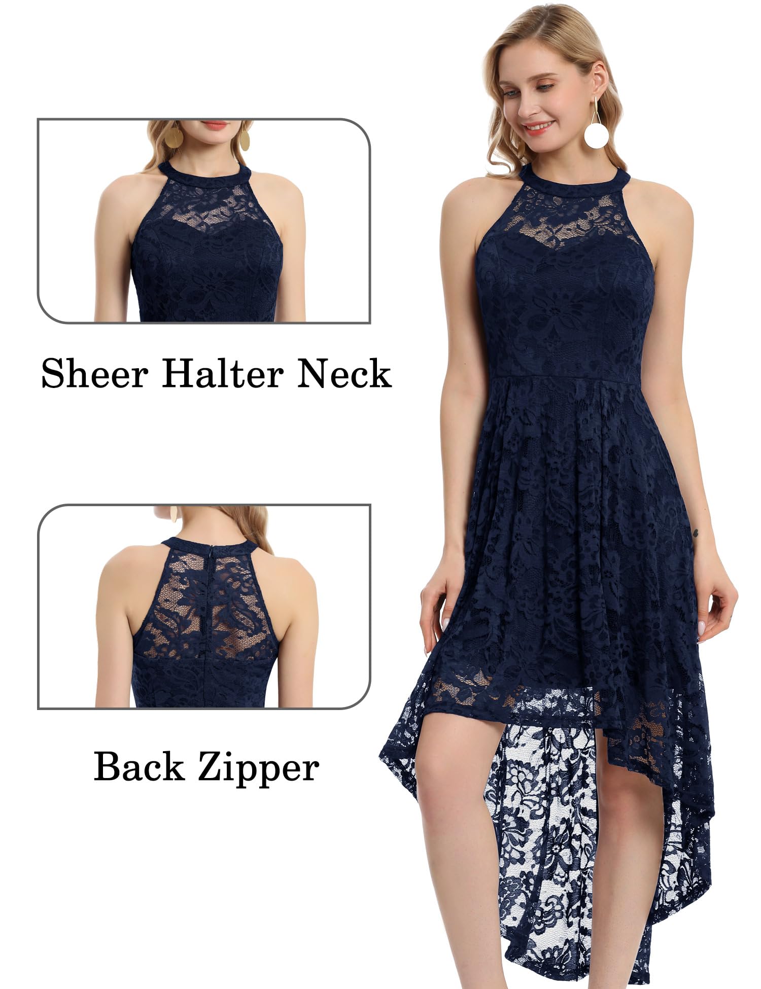 Elegant Women's Halter Lace Cocktail Dress for Wedding Guest & Bridesmaid - Hi-Lo Hem Sheer Neckline Party Gown | Perfect for Formal Events, Evening Parties & Special Occasions