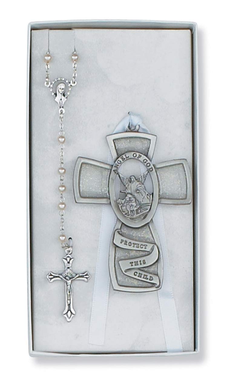 Guardian Angel Boys Girls Pewter Crib Cross Rosary Set - Nursery Room Decor, Baptism & Christening Gift (White) - Perfect for Baby Showers, First Communion & Nursery Wall Decor