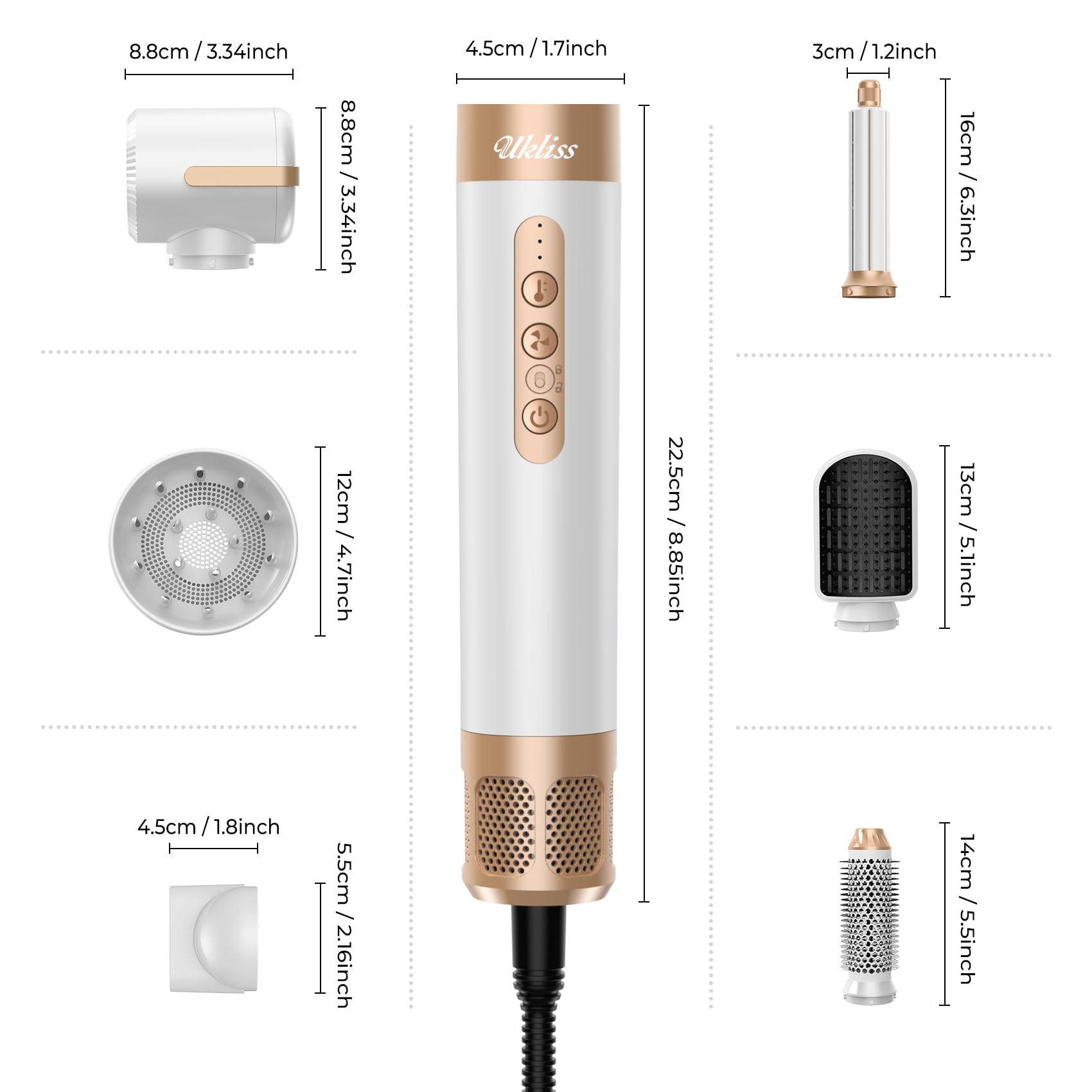 UKLISS Professional Ionic Hair Dryer Brush - 110,000 RPM Hot Air Styler, 7-in-1 Multifunctional Blow Dryer & Curler for Straight, Wavy & Curly Hair | Salon Quality Styling Tool with Negative Ion Technology (White Gold) | Perfect for Home Use, Travel & Salon Styling