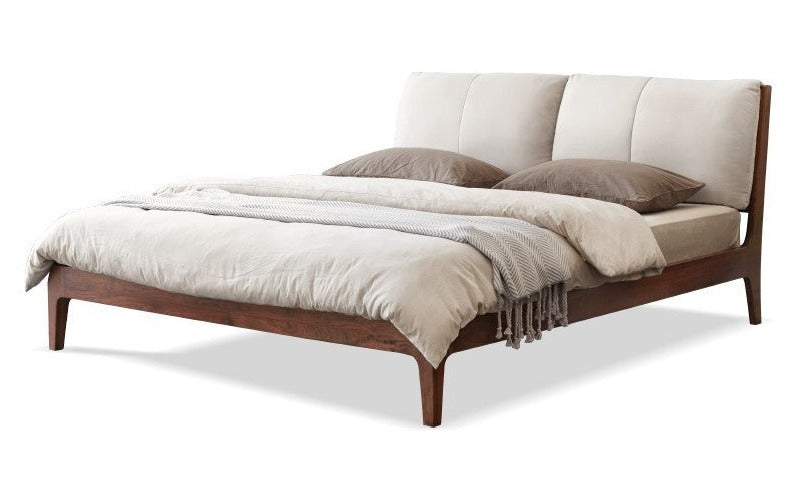 Premium Black Walnut Solid Wood Bed Frame - Queen Size Platform Bed with Soft Upholstered Headboard | Modern Bedroom Furniture for Master & Guest Rooms