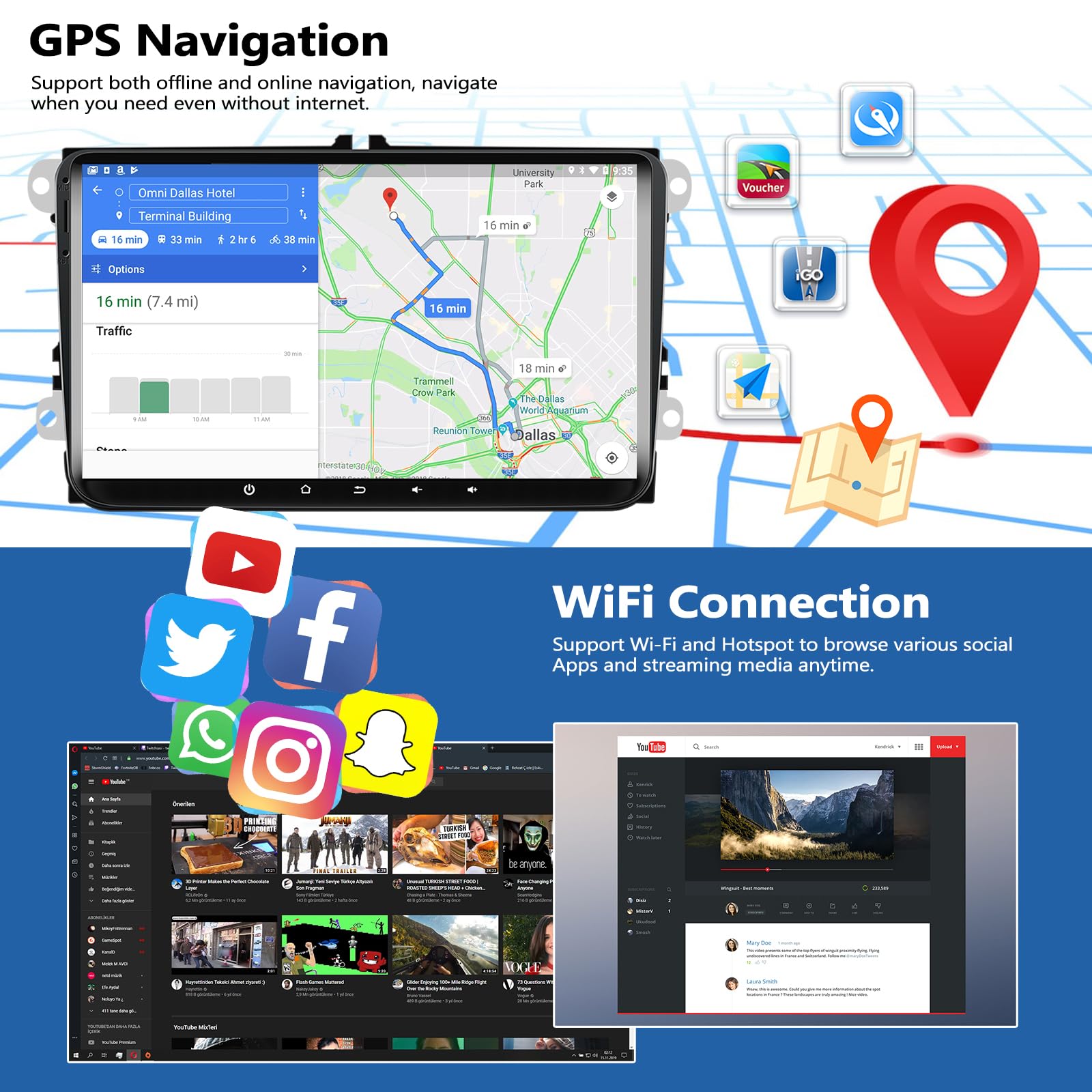 CAMECHO 9 Inch Android 13 Car Stereo 2GB RAM 64GB ROM - Wireless Apple CarPlay & Android Auto - GPS Navigation - Bluetooth - Backup Camera - Compatible with Volkswagen Jetta Tiguan Golf Beetle Passat - Perfect for Road Trips & Daily Commutes