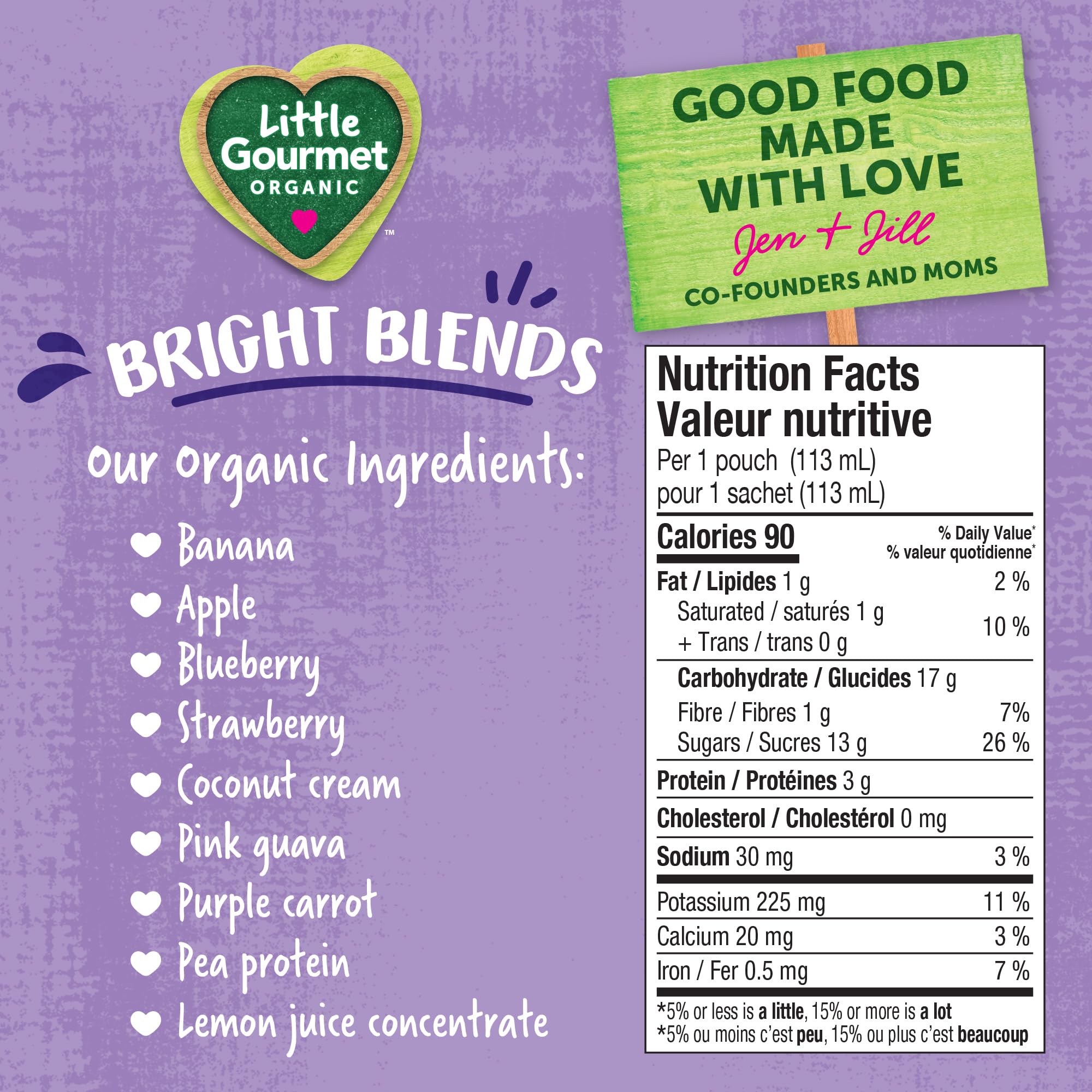 Little Gourmet Organic Bright Blends Baby Food Pouches - Banana Blueberry Strawberry Guava - No Added Sugar, Non-GMO, Gluten-Free, Vegan (12 Pack, 4oz/113ml) | Healthy Snack for Babies & Toddlers | Perfect for On-the-Go, Daycare & Travel