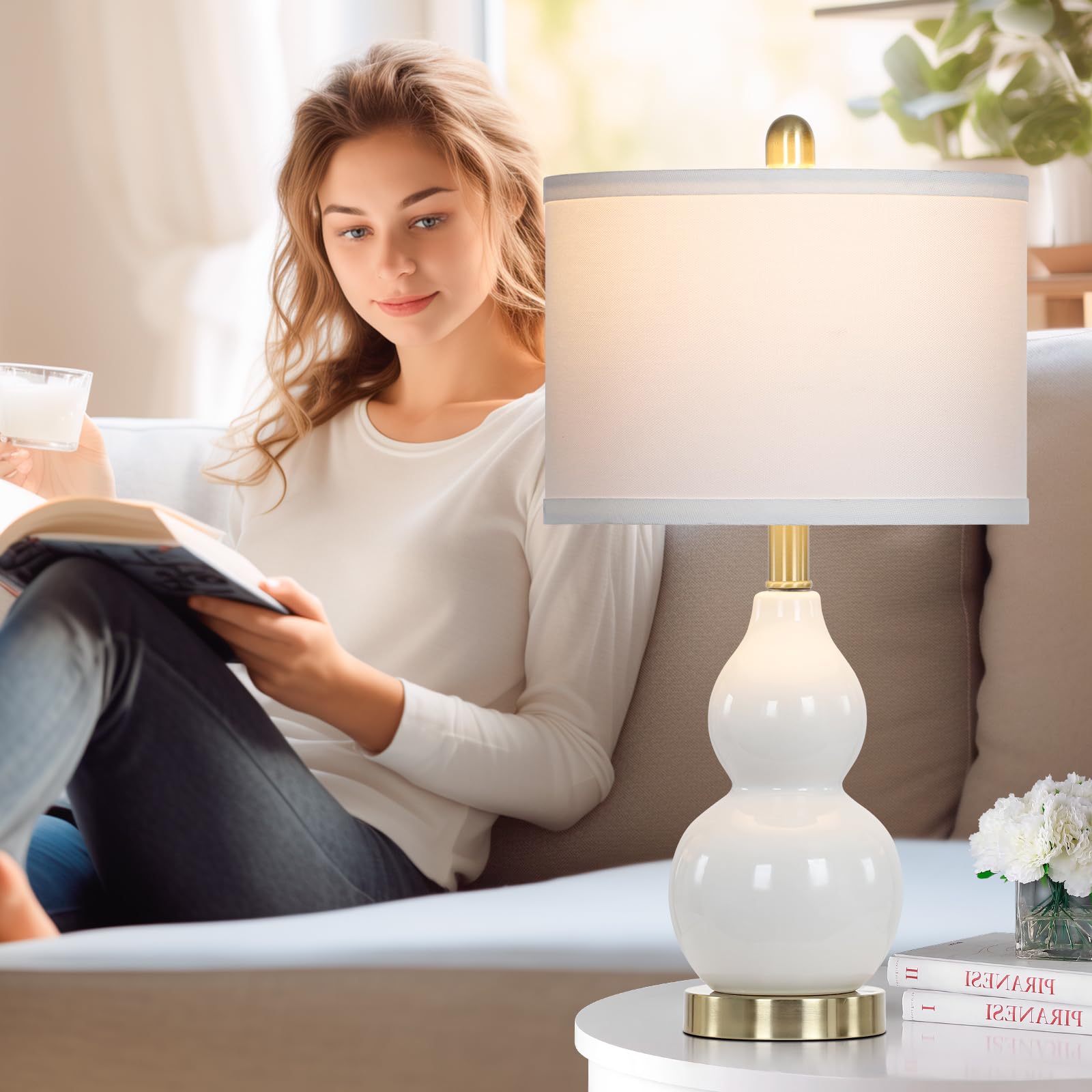 Modern White Double Gourd Ceramic Table Lamps Set of 2 - Contemporary Nightstand Lamps for Bedroom & Living Room with Included Bulb | Perfect for Bedside Lighting, Home Decor, and Cozy Ambiance