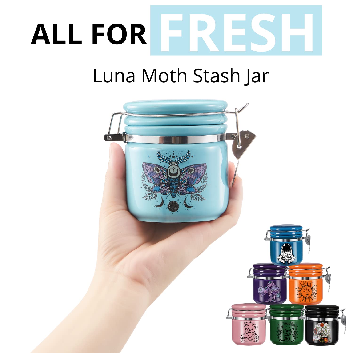 Airtight 250ml (Half Oz) Smell Proof Stash Jar with Humidity Pack Compartment - Odor Proof Clay Container for Herb Storage, Cute Cyan Storage Box Case - Perfect for Travel, Home & Office Use