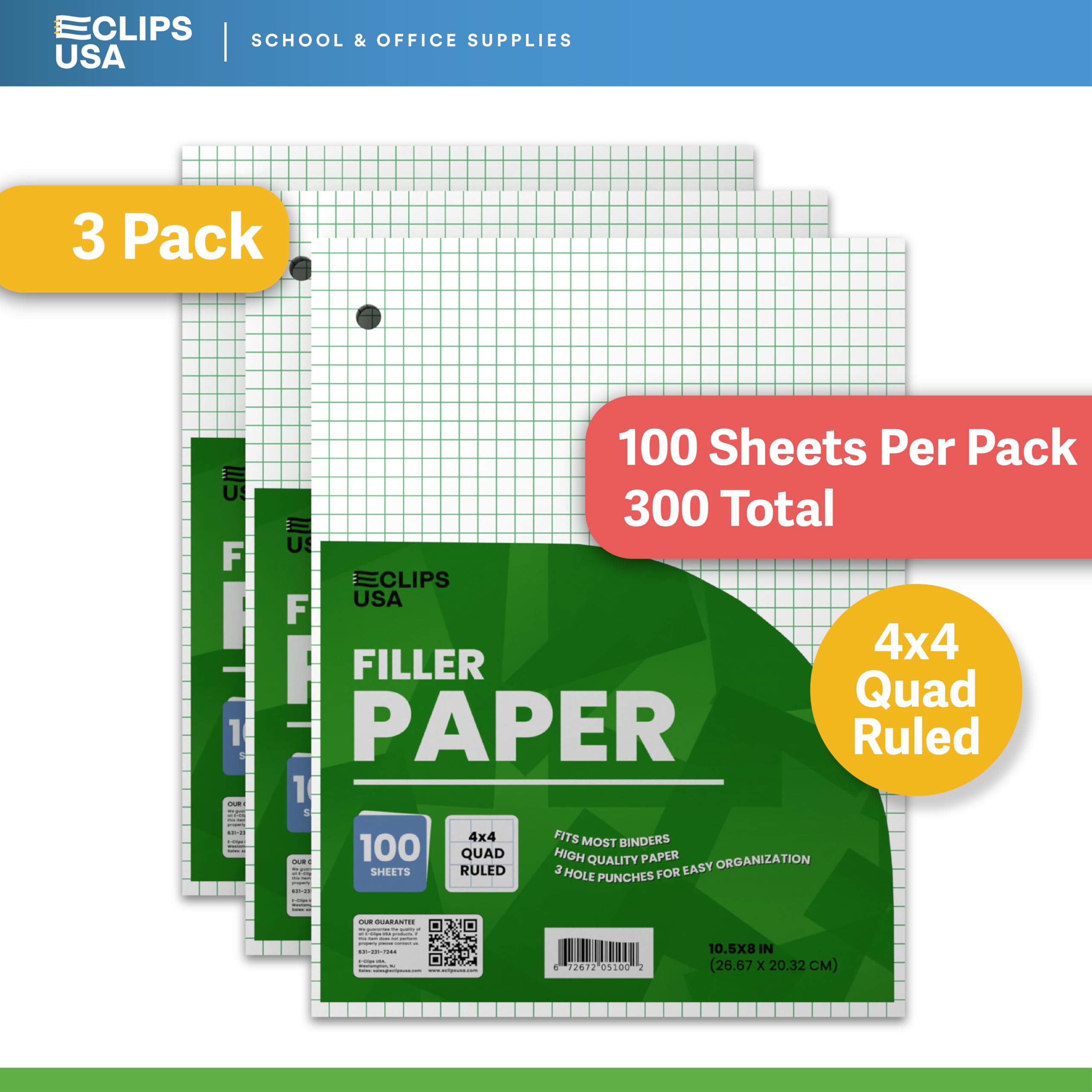 Graph Paper Notebook 3-Pack, 4x4 Quad Ruled (4 Squares per Inch) - 10.5