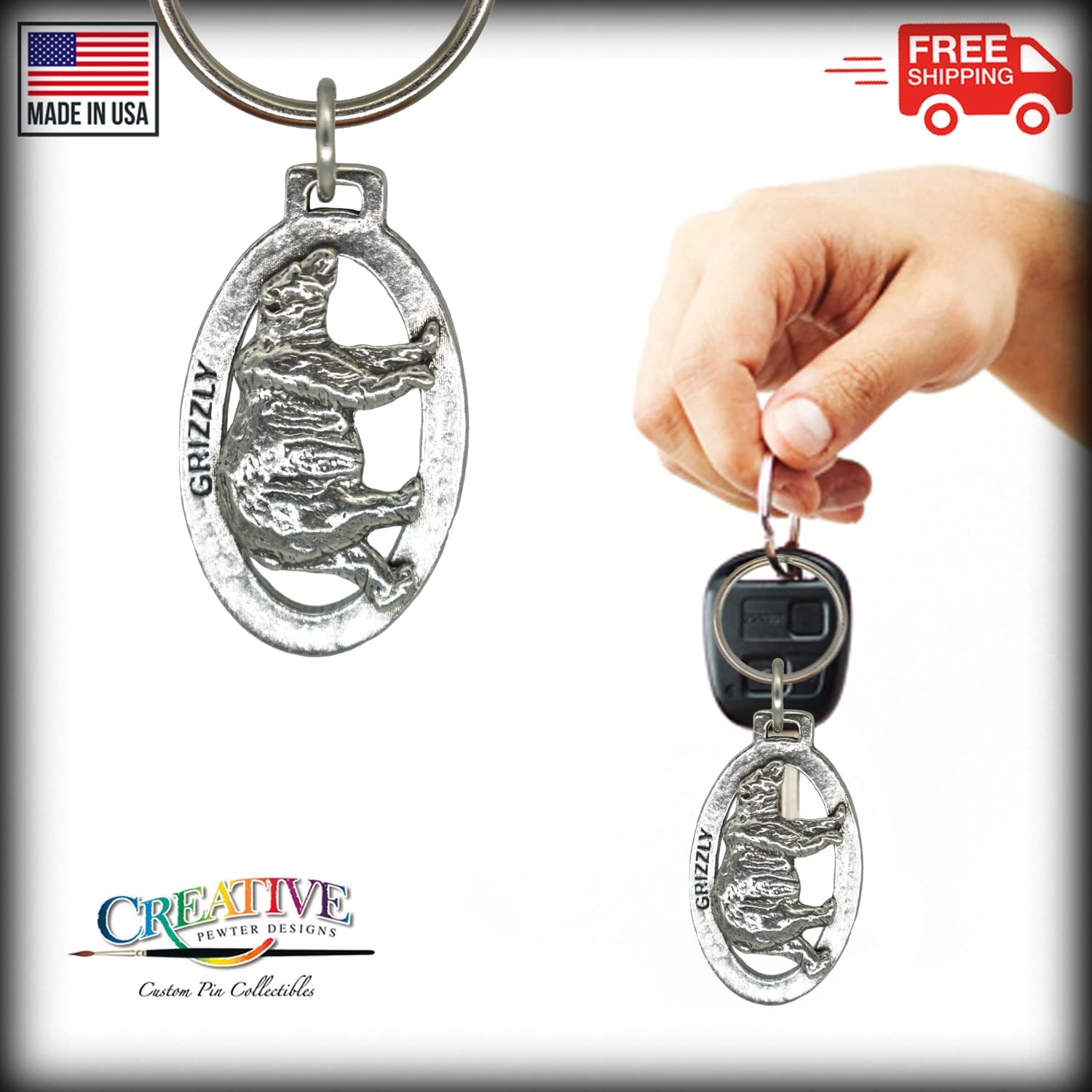 Handmade Pewter Grizzly Bear Keychain - 2