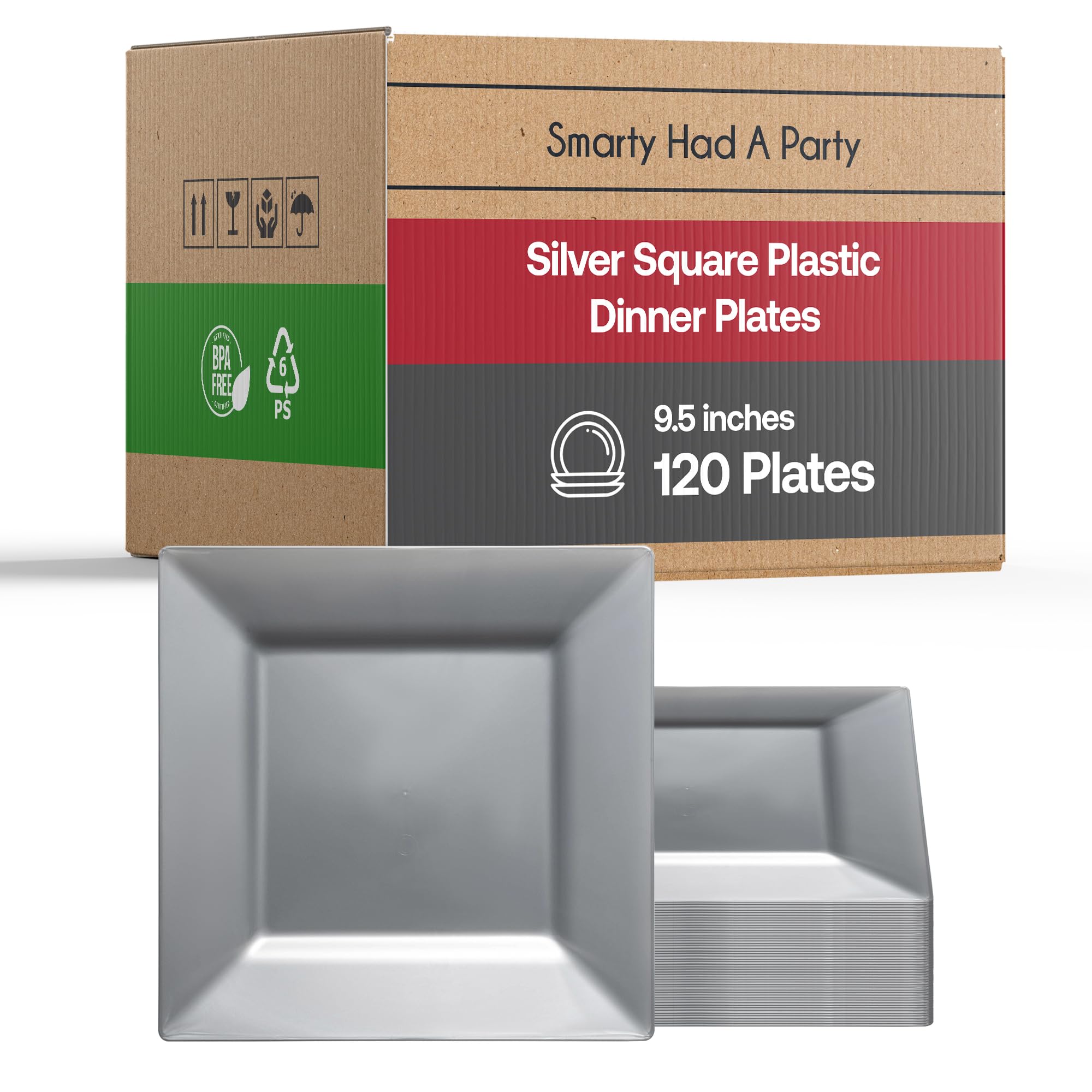 Elegant Disposable Plastic Dinner Plates - 120 Heavy Duty Square Silver Party Plates (9.5 Inch) - Premium Plastic Tableware for Weddings, Birthdays, Catering & Special Events