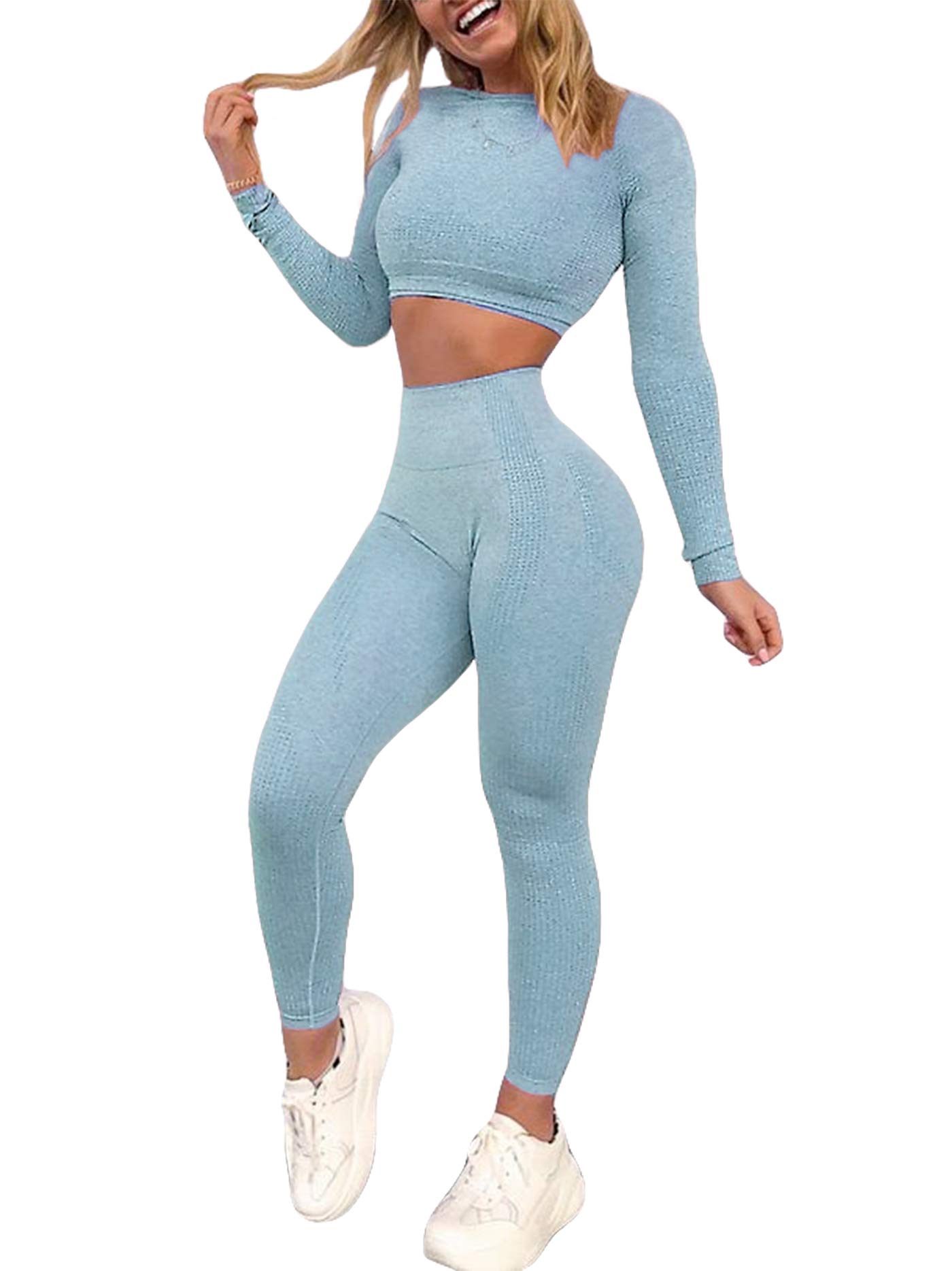 Seamless High Waist Yoga Pants & Long Sleeve Crop Top 2-Piece Workout Set for Women - Perfect for Gym, Yoga & Fitness Training