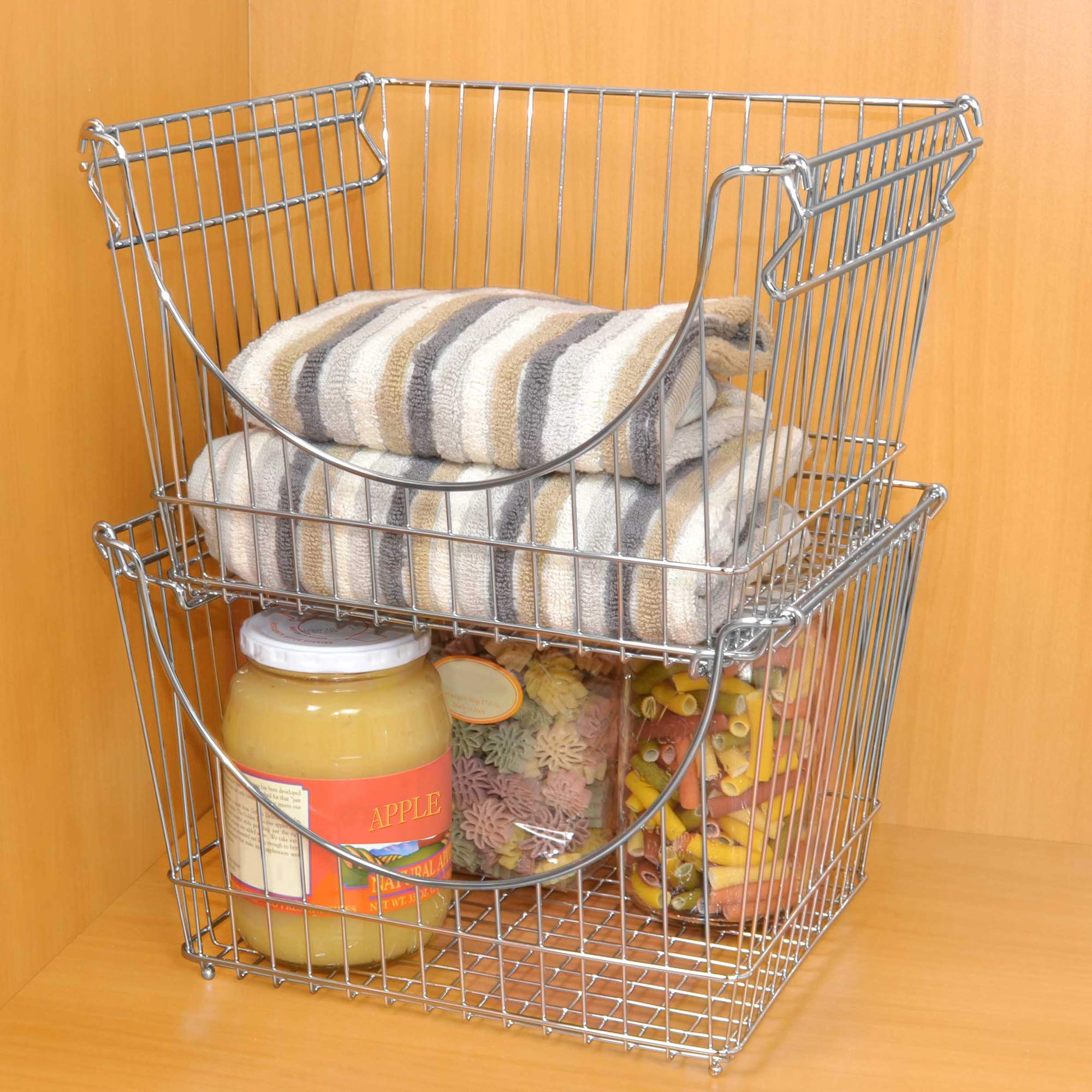 Smart Stacking Baskets with Handles - Set of 2 Large Steel Wire Storage Bins for Fruits, Vegetables & Pantry Organization (12.5