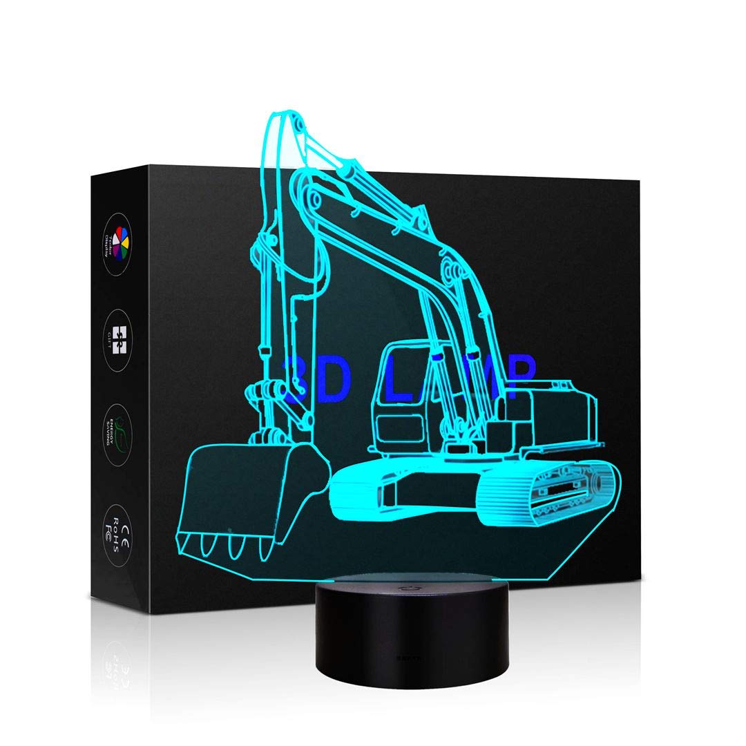Idee Monto 3D Excavator Shape LED Night Light - 7 Color Changing USB Touch Desk Lamp for Kids Room, Bedroom, Office | Perfect Christmas Gift, Birthday Present & Home Decor
