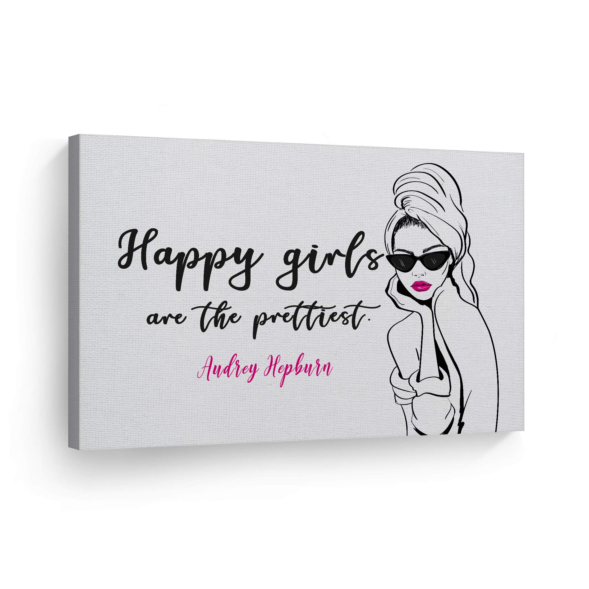 Happy Girls Are the Prettiest Audrey Hepburn Quote Canvas Wall Art - 24x36 Glam Fashion Print for Office, Bathroom, Teen Girl Room, Women's Dorm & Living Room Decor - Ready to Hang Inspirational Home Decor