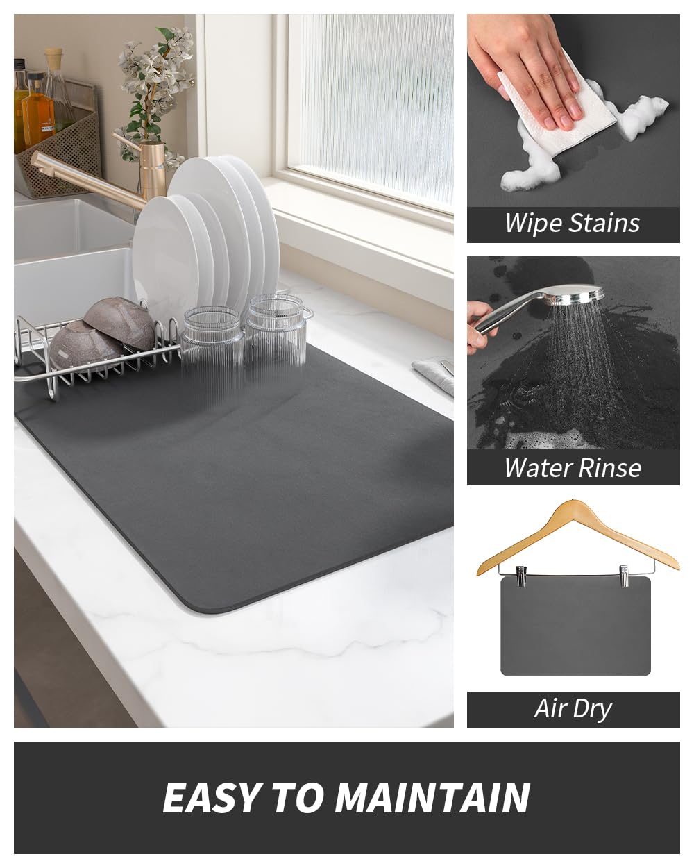 AMOAMI Non-Slip Absorbent Coffee Mat - Stain Hiding Kitchen Counter Drying Mat with Rubber Backing, Fits Under Coffee Makers, Espresso Machines & Dish Racks | Perfect for Coffee Bars, Kitchens & Office Break Rooms