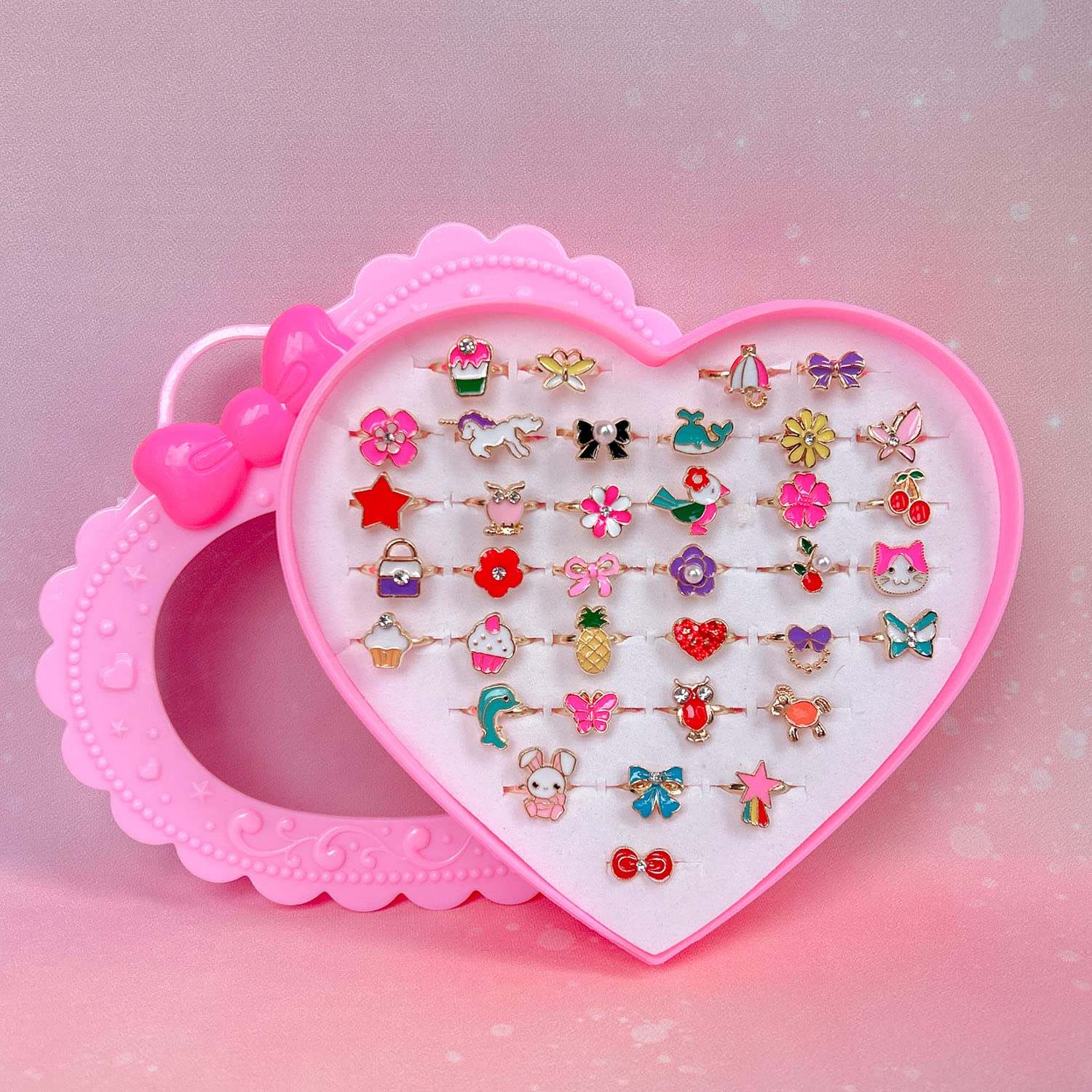 36pcs Adjustable Kids Jewelry Rings Set for Girls - Heart Shaped Display Case - Pretend Play, Dress Up & Party Accessories for Little Girls - Perfect for Birthdays, Gifts & Role Play Fun