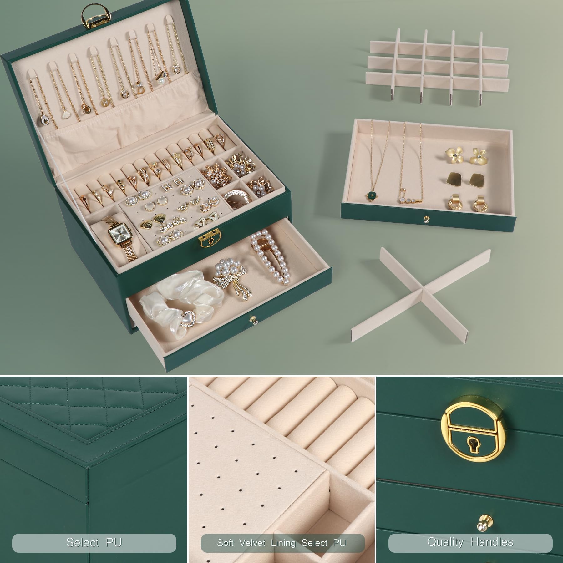 3-Layer Jewelry Organizer Box with Lock for Women - Earring, Necklace, Bracelet & Ring Storage - Perfect Christmas, Birthday & Valentine's Gift - Green Jewelry Case for Travel & Home Organization