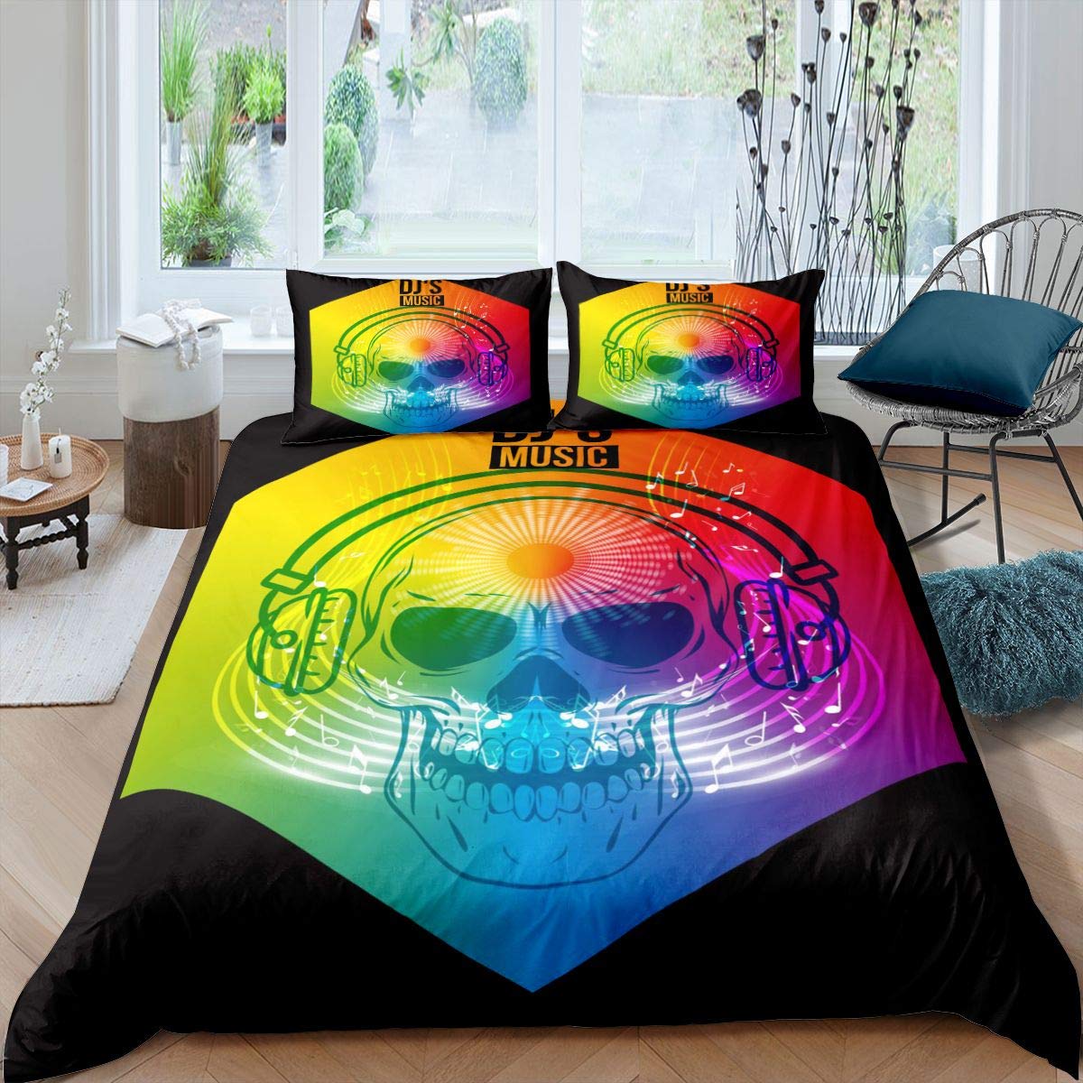 Skull Bedding Set for Teens - Rock Music Themed Comforter Cover for Boys & Girls, Skeleton Pattern Duvet Cover with Colorful Headphones Design - Twin Size Bedspread for Room Decor | Perfect for Music Lovers' Bedrooms, Teen Dorm Rooms & Gothic Themed Decor