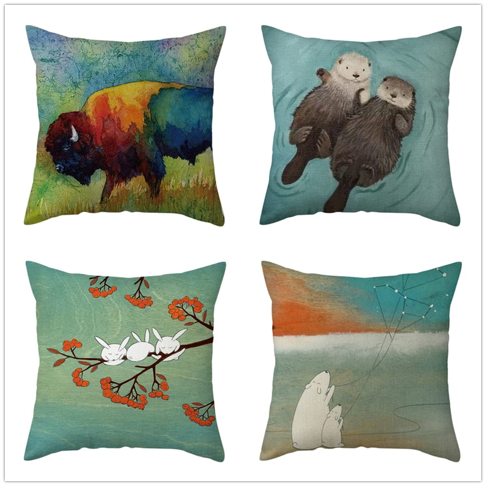 4 Pack 20x20 Inch Cotton Linen Square Pillow Covers - Soft Decorative Throw Pillow Cases with Zipper Closure, Cartoon Animal Print for Sofa, Couch, Living Room and Bedroom - Home Decor Accent Pillows for Comfort & Style