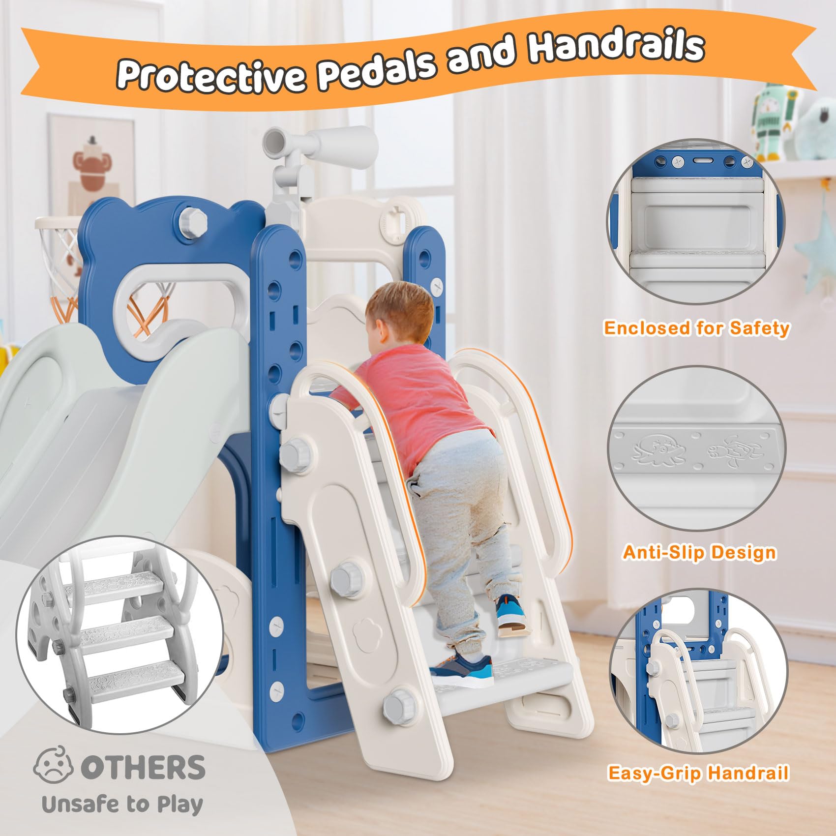 **Babytronic 6-in-1 Toddler Slide & Playset for Kids Ages 1-3 – Indoor & Outdoor Slide with Basketball Hoop & Telescope – Blue & Gray – Perfect for Playrooms, Backyards & Daycares**