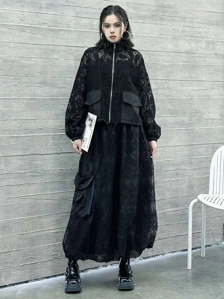 Elegant Black Lace Jacket & Pocket Skirt Two-Piece Set with Stand Collar & Long Sleeves - Women's Fashion Outfit for Spring & Fall 2025 (Style 1DJ0248) | Perfect for Office Wear, Date Nights & Special Occasions
