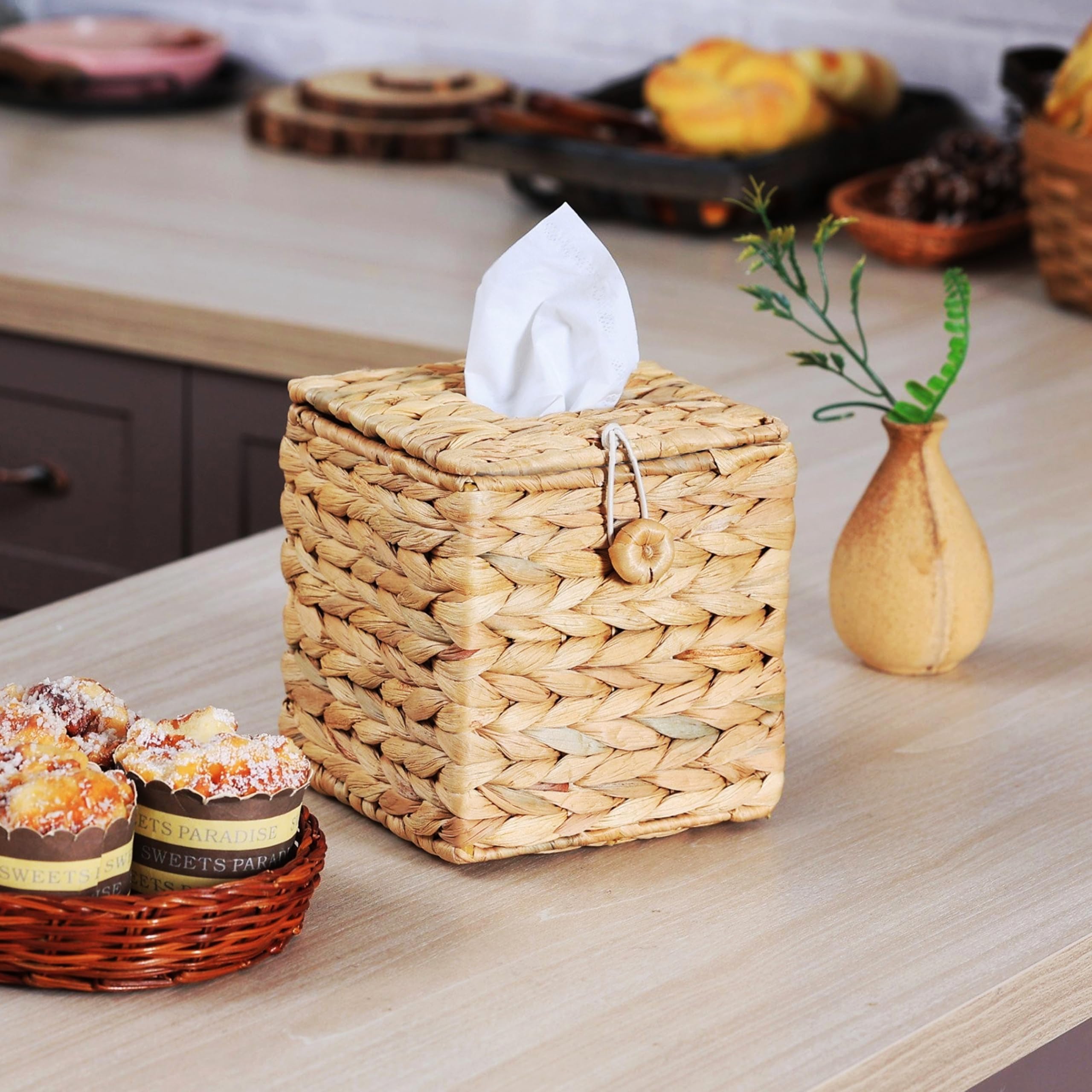 Rattan Wicker Tissue Box Cover with Flip-Open Top - Square Boho Decorative Woven Facial Tissue Holder for Bathroom, Living Room, Bedroom & Office Desk Organizer