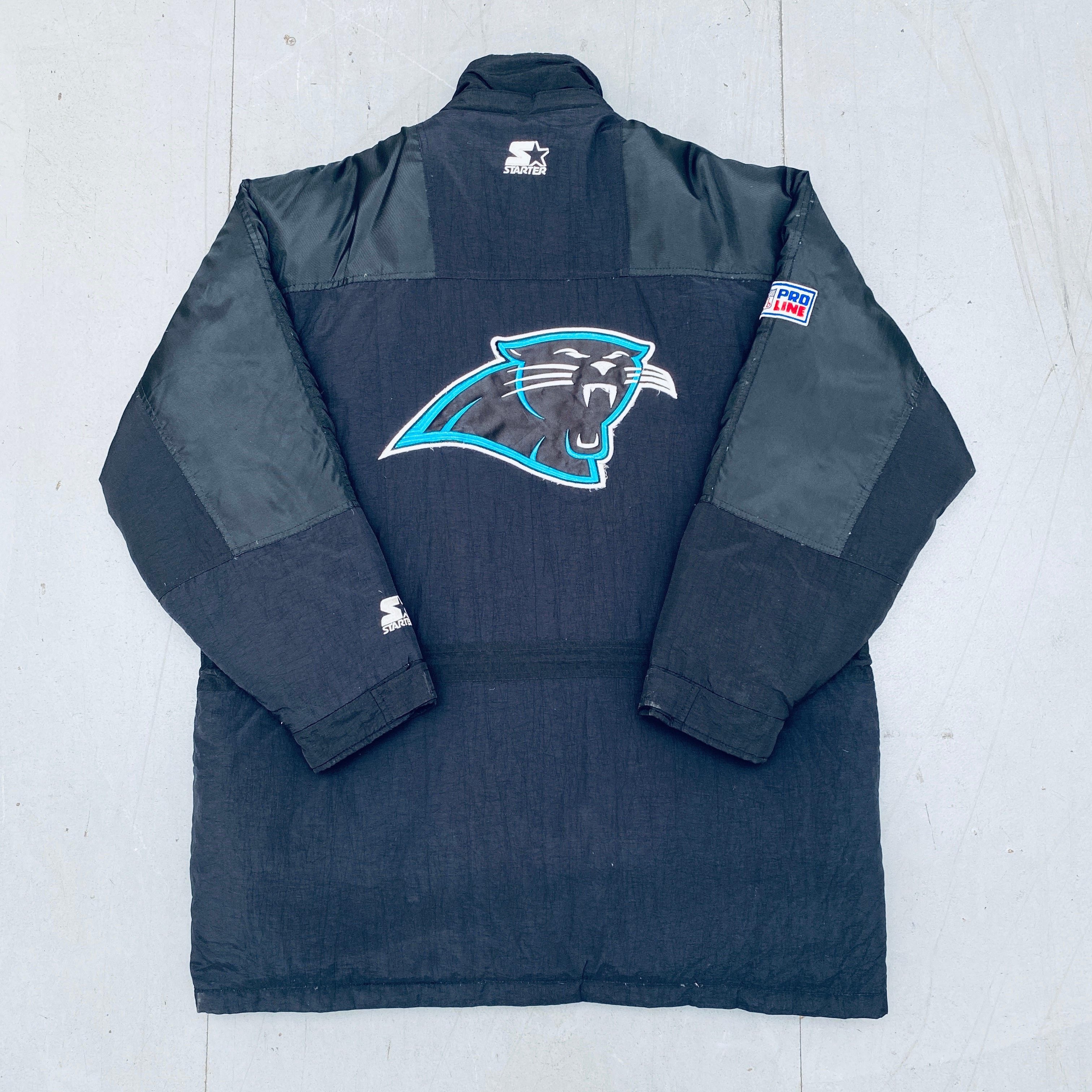 Carolina Panthers 1990s Full-Zip Feather Down Proline Starter Trench Coat - XL Size, Vintage NFL Jacket for Football Fans, Game Day Outfits & Cold Weather Wear