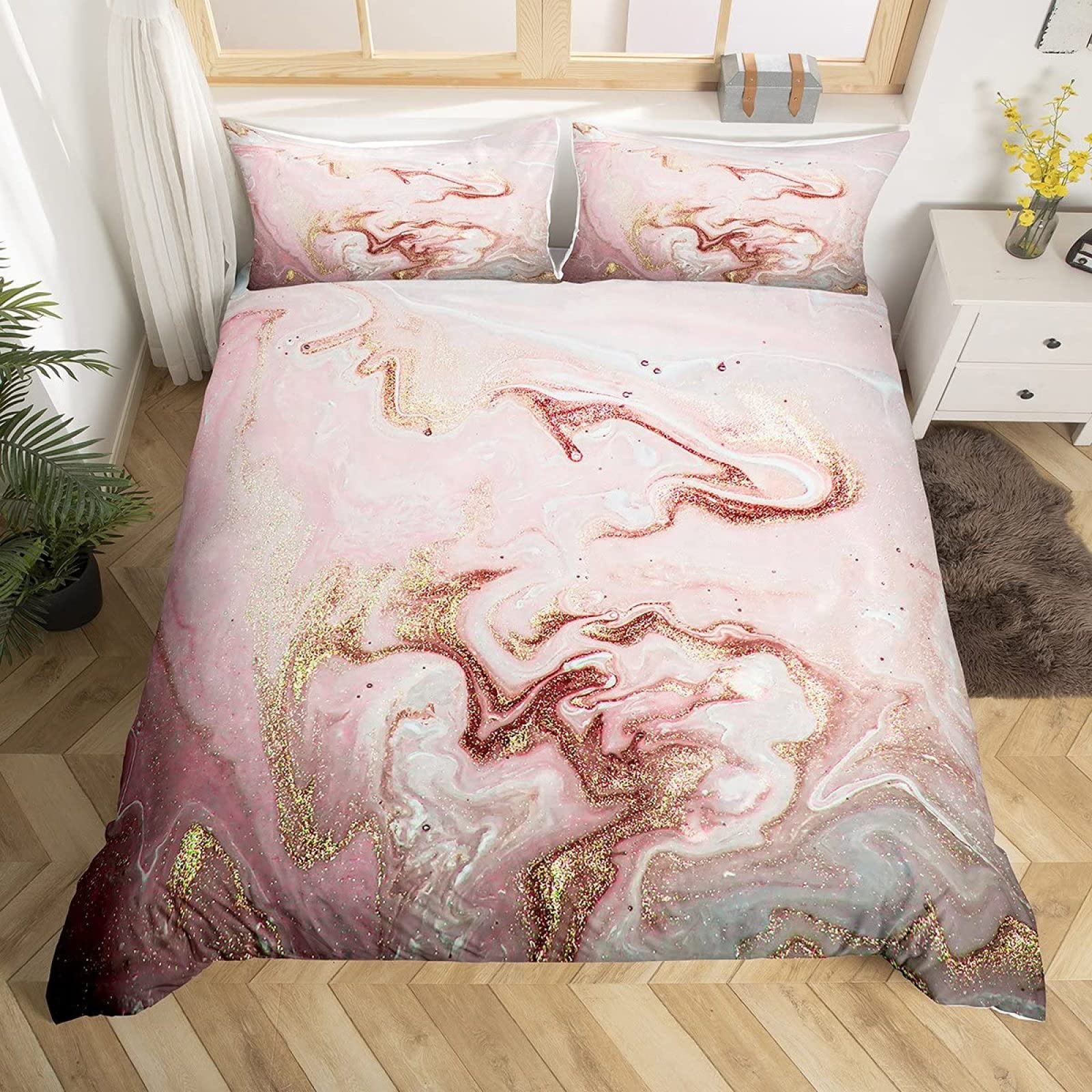 Queen Marbled Duvet Cover Set - 3PC Pink Microfiber Bedding with Pillowcases for Modern Bedroom