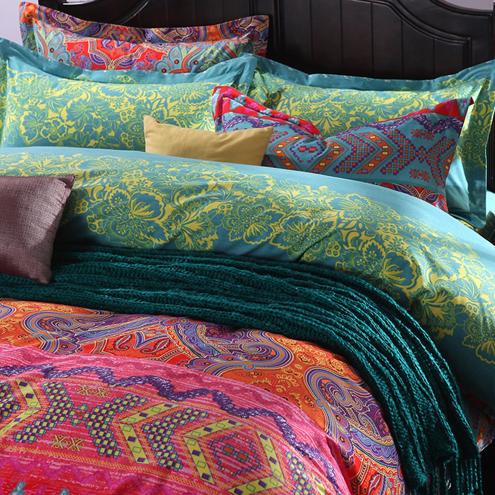 4-Piece Bohemian Ethnic Queen Size Bedding Set - Brushed Cotton Boho Duvet Cover with Flat Sheet, Ultra Soft Comforter Cover Set (No Comforter Included) - Perfect for Cozy Bedrooms, Guest Rooms & Bohemian Home Decor