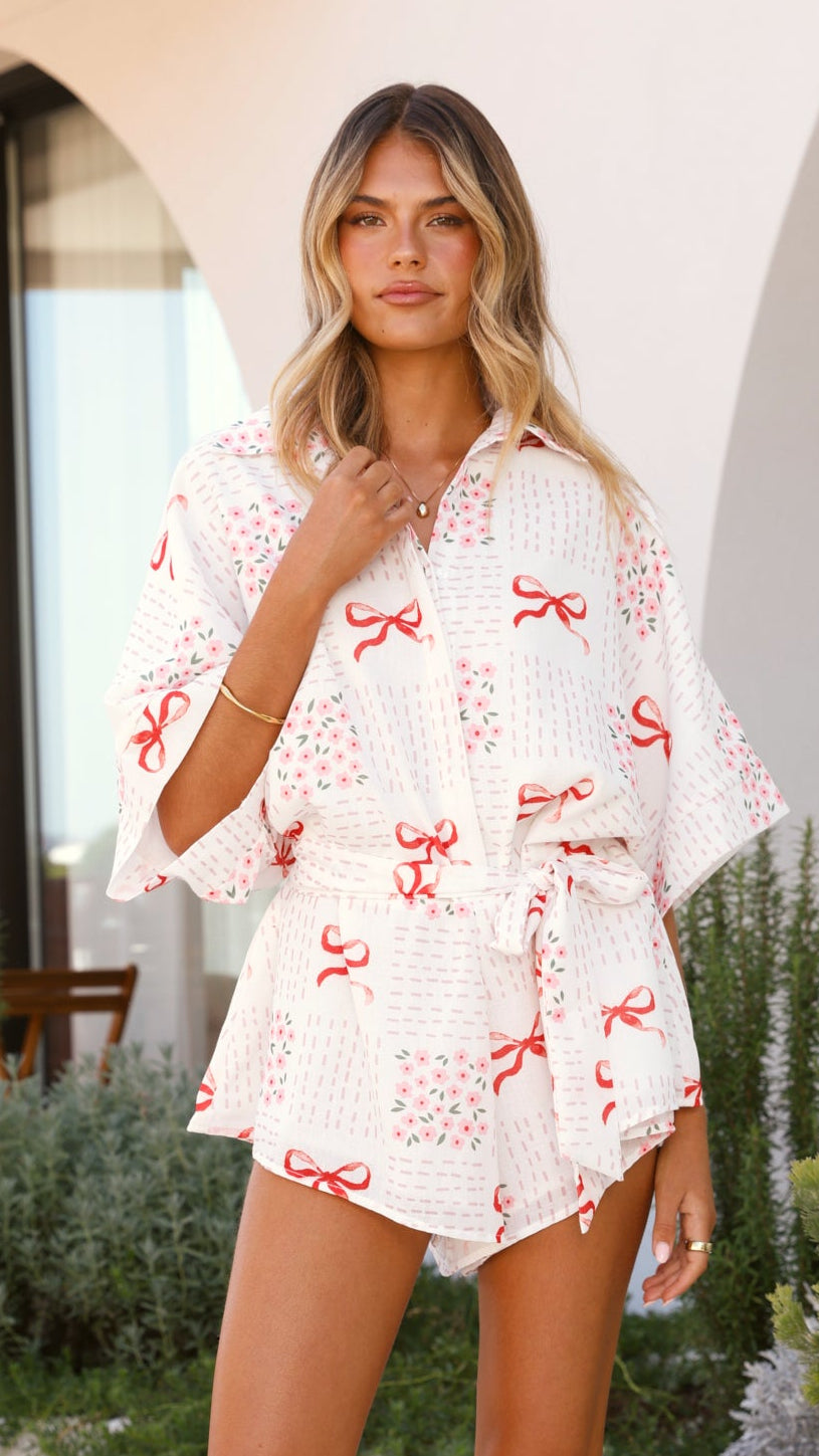 Alexandria Playsuit for Women - Sweet Bow Pink Floral Romper Jumpsuit | Summer Casual Outfit for Beach, Party & Vacation