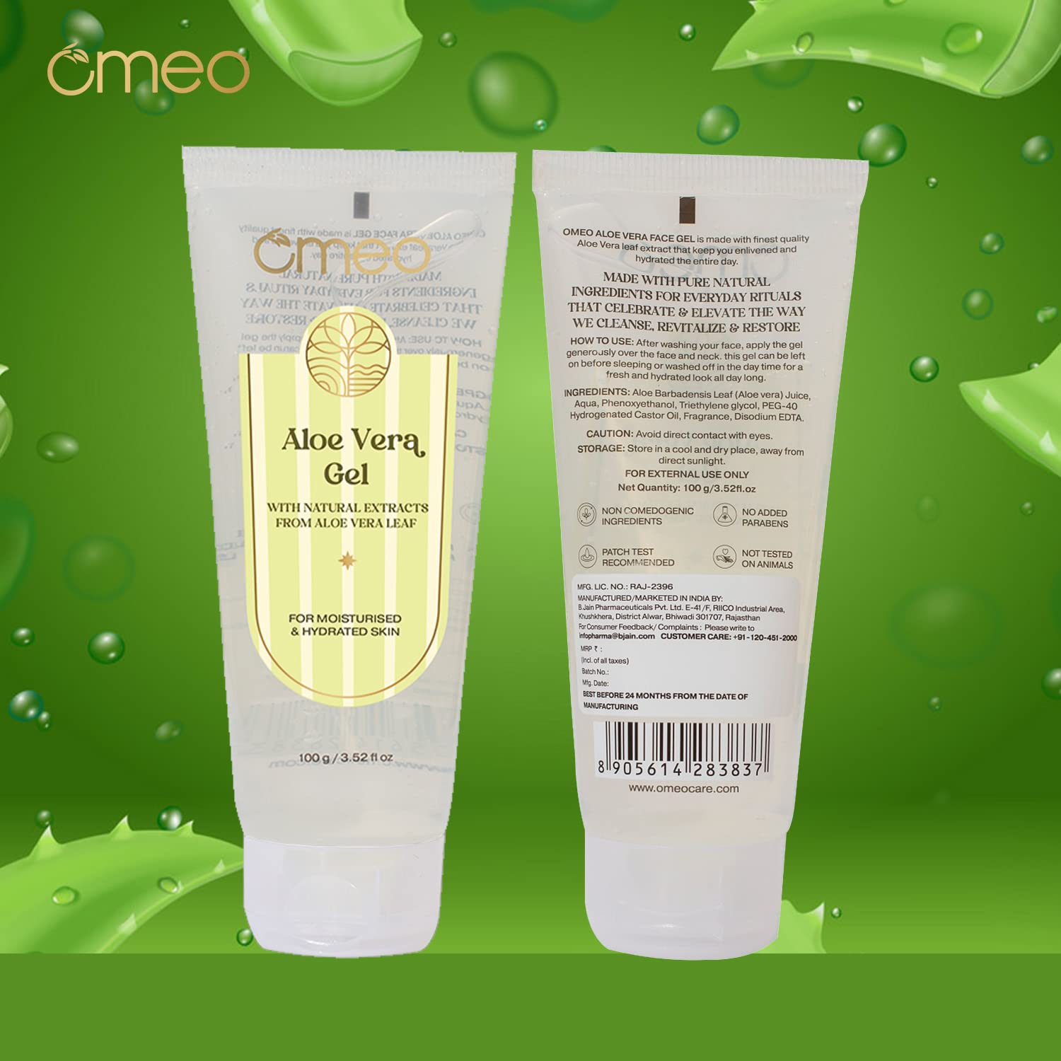 Omeo 100% Organic Aloe Vera Gel for Face & Hair - 100gm | Hydrating, Soothing & Non-Sticky | Reduces Pimples & Acne | Perfect for Sunburn Relief, Daily Skincare & Hair Conditioning