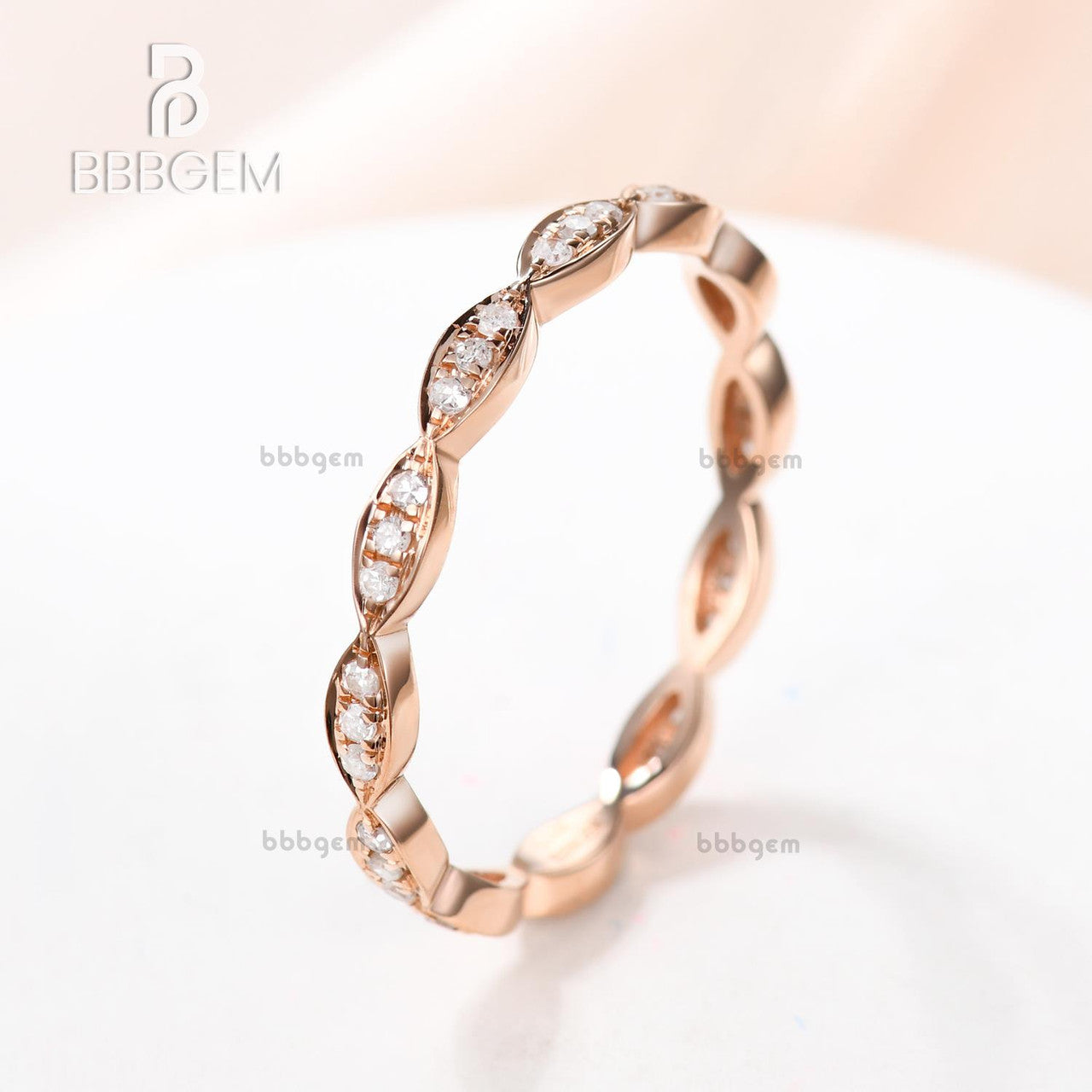 14K Rose Gold Art Deco Marquise Three Stone Wedding Ring Set - Round Diamond Engagement Ring & Matching Stacking Band for Women, Perfect for Bridal, Anniversary, and Special Occasions