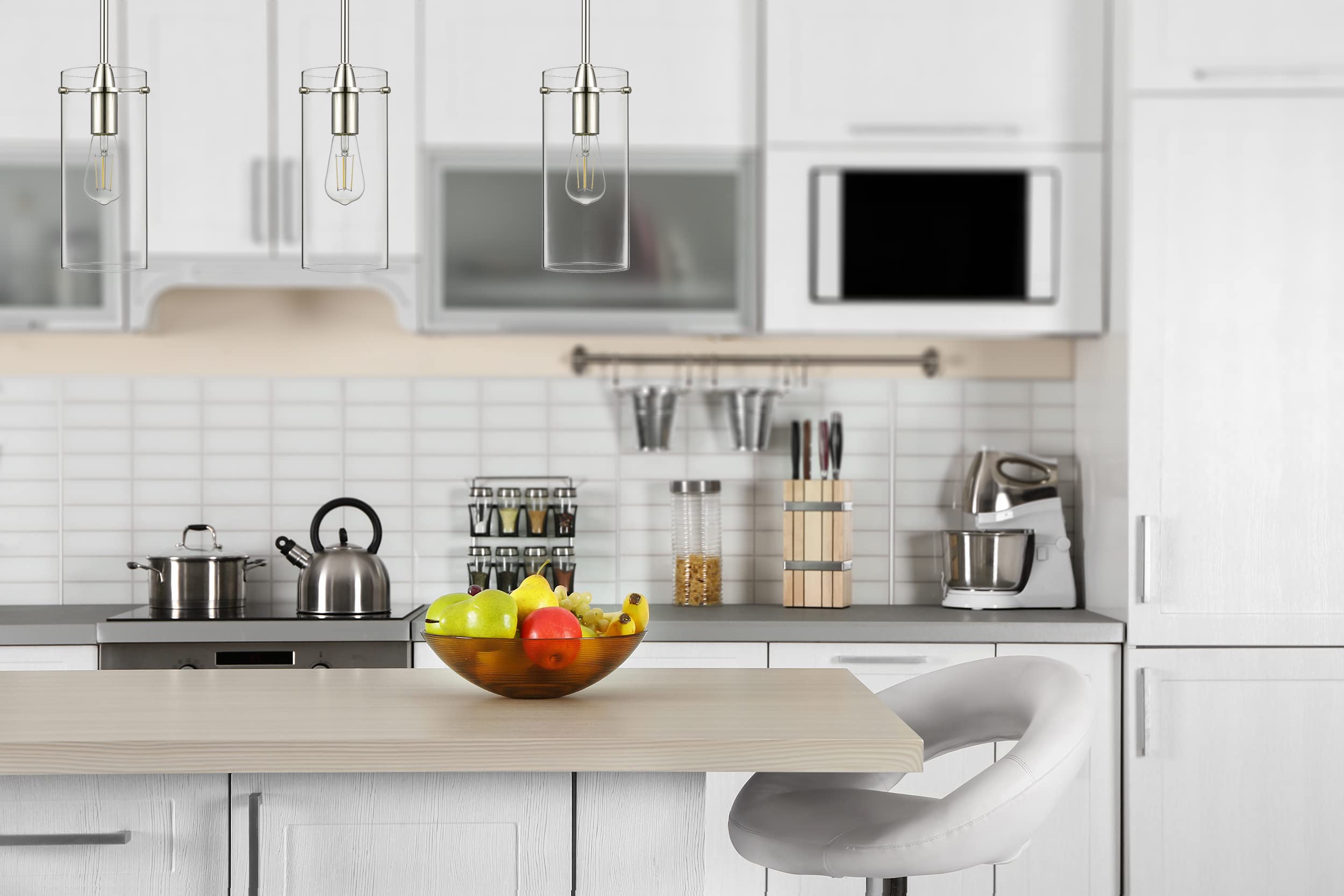 Brushed Nickel Kitchen Island Pendant Light with Clear Glass Shade - Modern Hanging Light Fixture for Dining Room, Bar Counter & Breakfast Nook