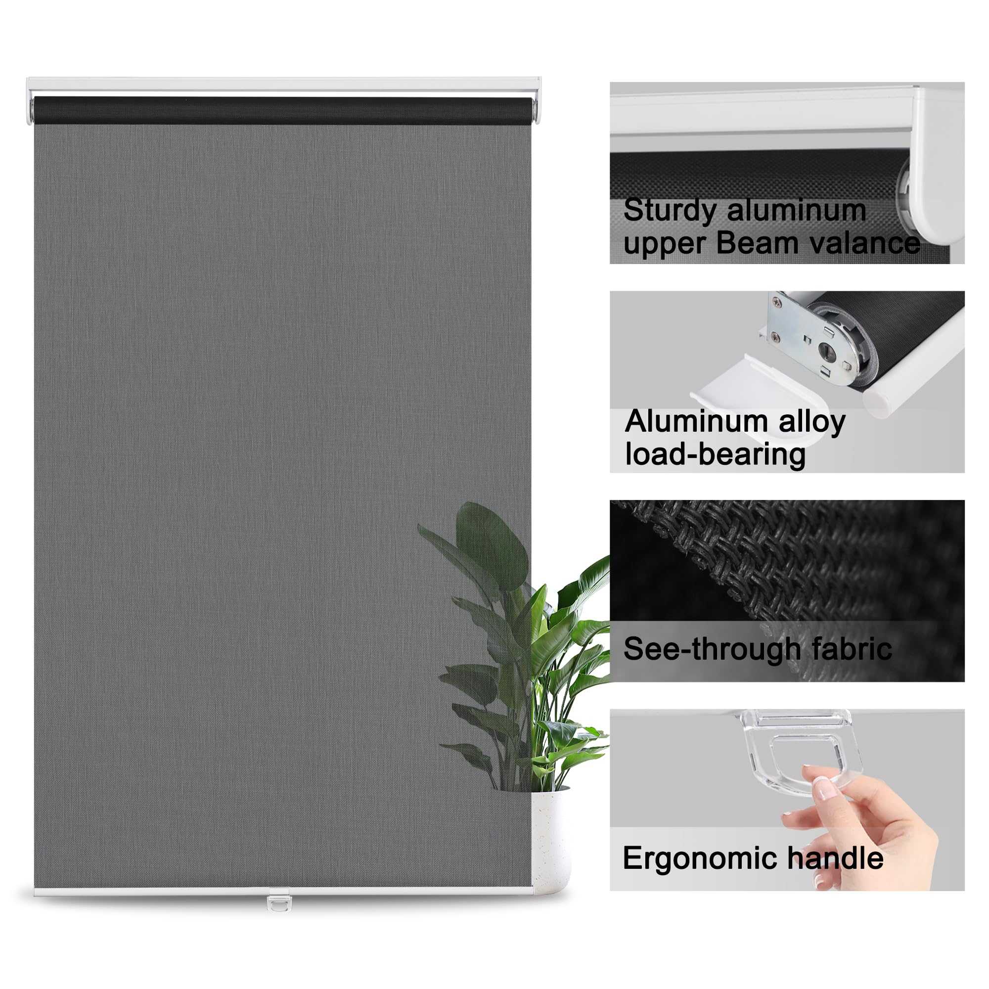 Black 5% Openness Cordless Roller Shades - UV Protection for Home & Office (61