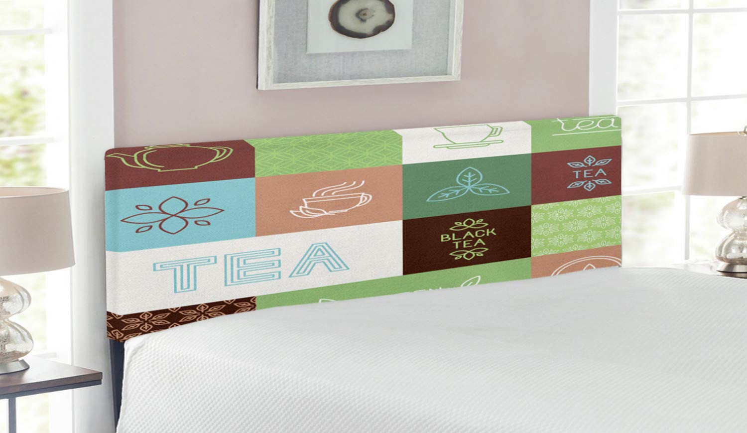 Ambesonne Tea Party Headboard - Checkered Tea Themed Upholstered Metal Bed Frame with Memory Foam | Queen Size in Green, Brown & Blue | Perfect for Bedroom Decor, Guest Rooms & Themed Tea Party Events