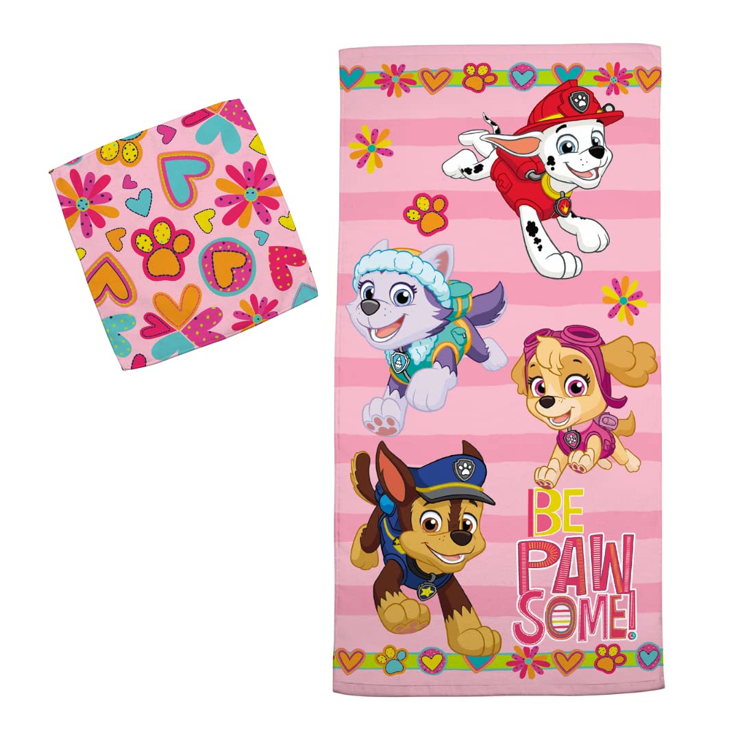 Paw Patrol Girls Kids Bath Towel Set - 2 Piece Soft Absorbent Cotton Terry Towel with Washcloth (50