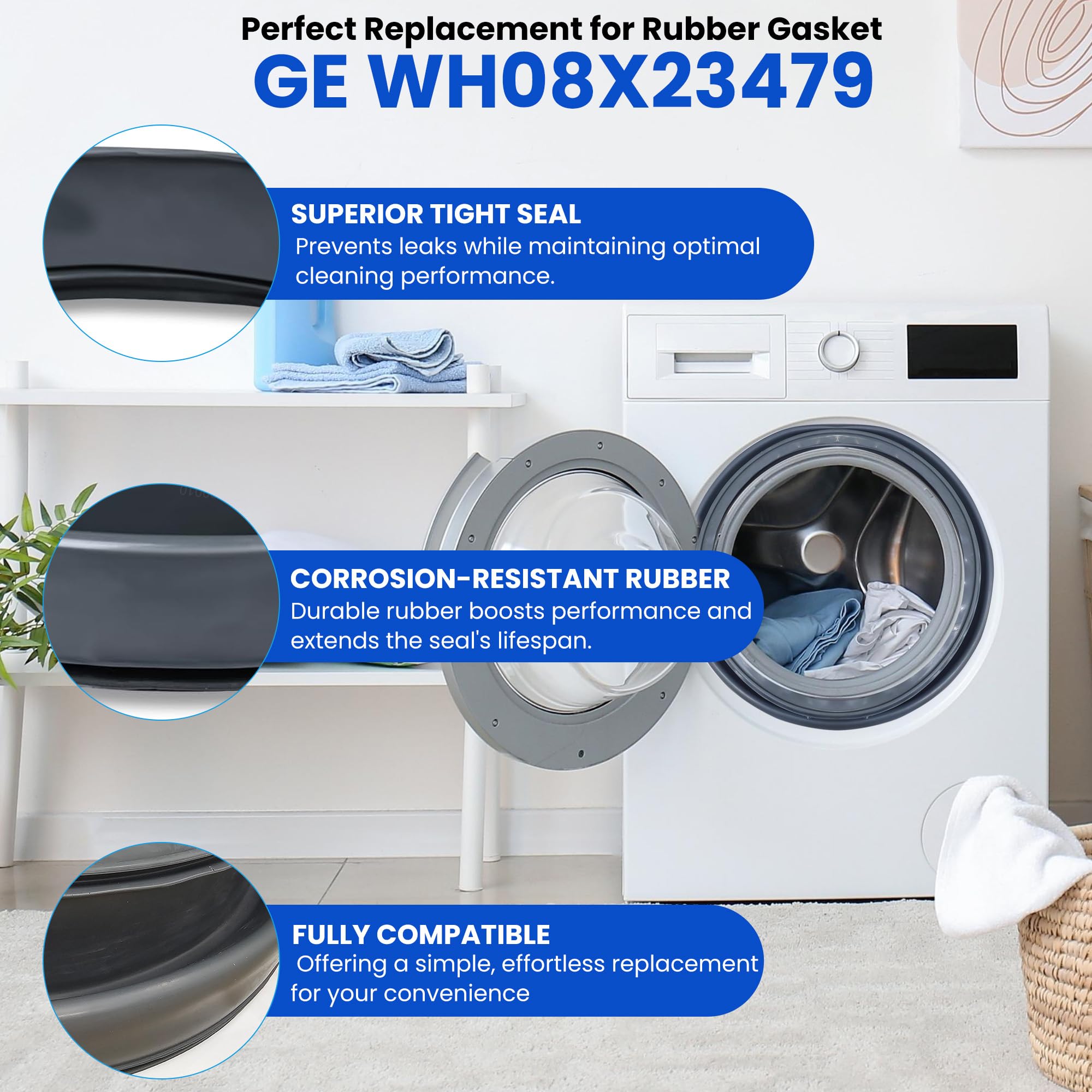 GE Front Load Washer Door Gasket Replacement WH08X23479 - Leak-Proof Rubber Seal Boot for GE Front Loading Washing Machines - Perfect for Fixing Leaks in GE Washer Models - Ideal for Laundry Rooms & Home Appliance Repair