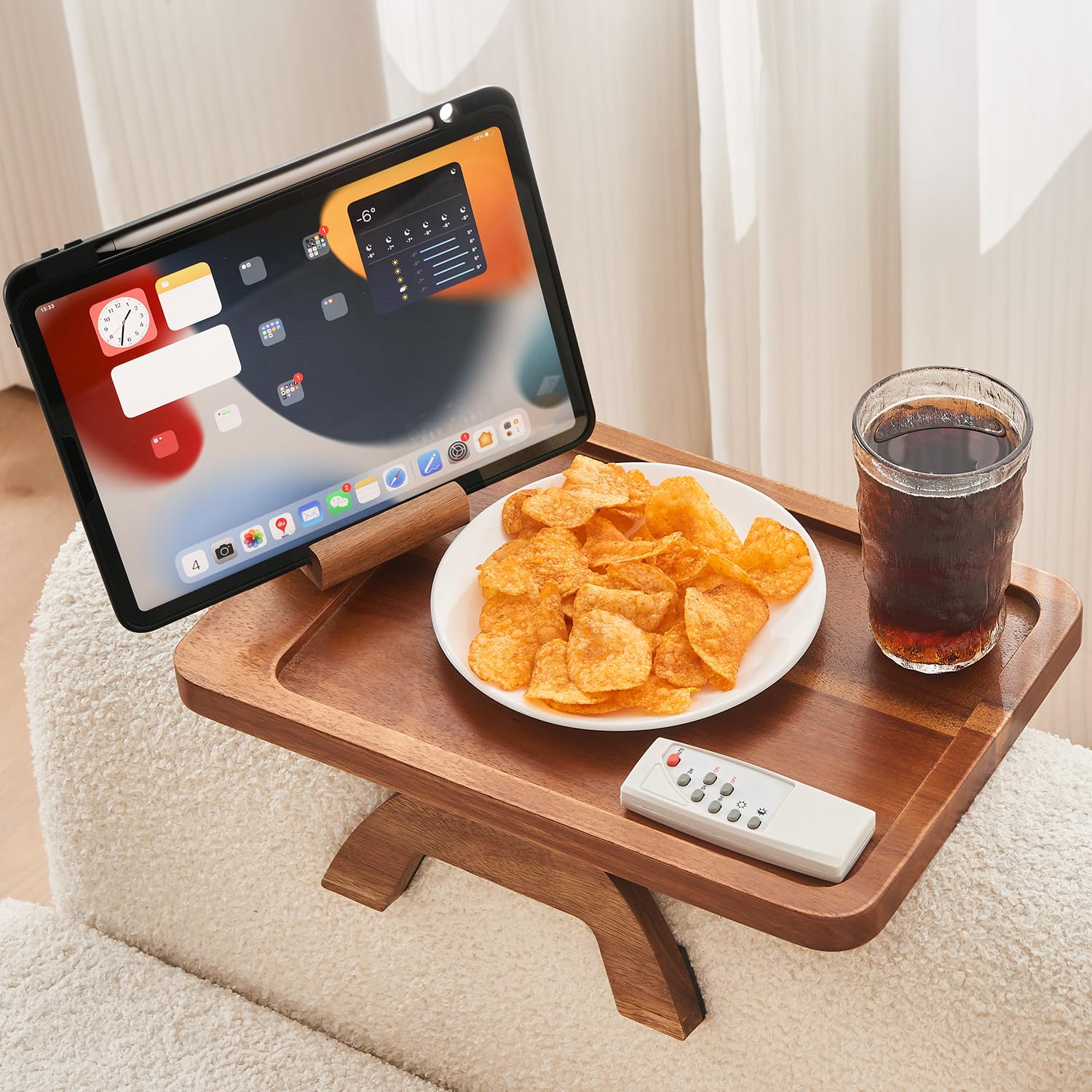 Foldable Acacia Wood Couch Arm Table with Phone Holder - Portable Tray for Eating & Drinks on Wide Couches