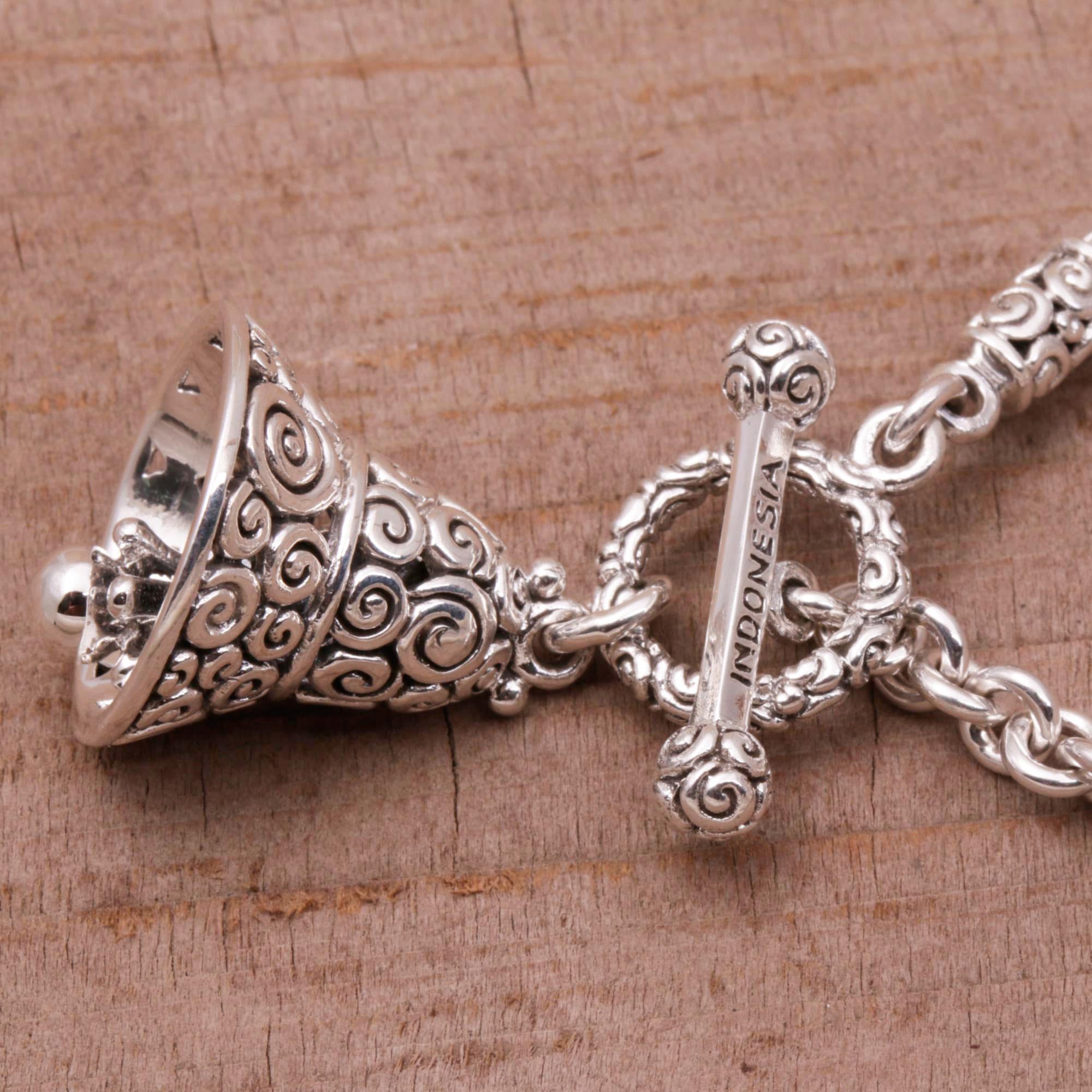 Handmade Sterling Silver Bell Charm Bracelet - Artisan Crafted in Indonesia - Adjustable 7.25