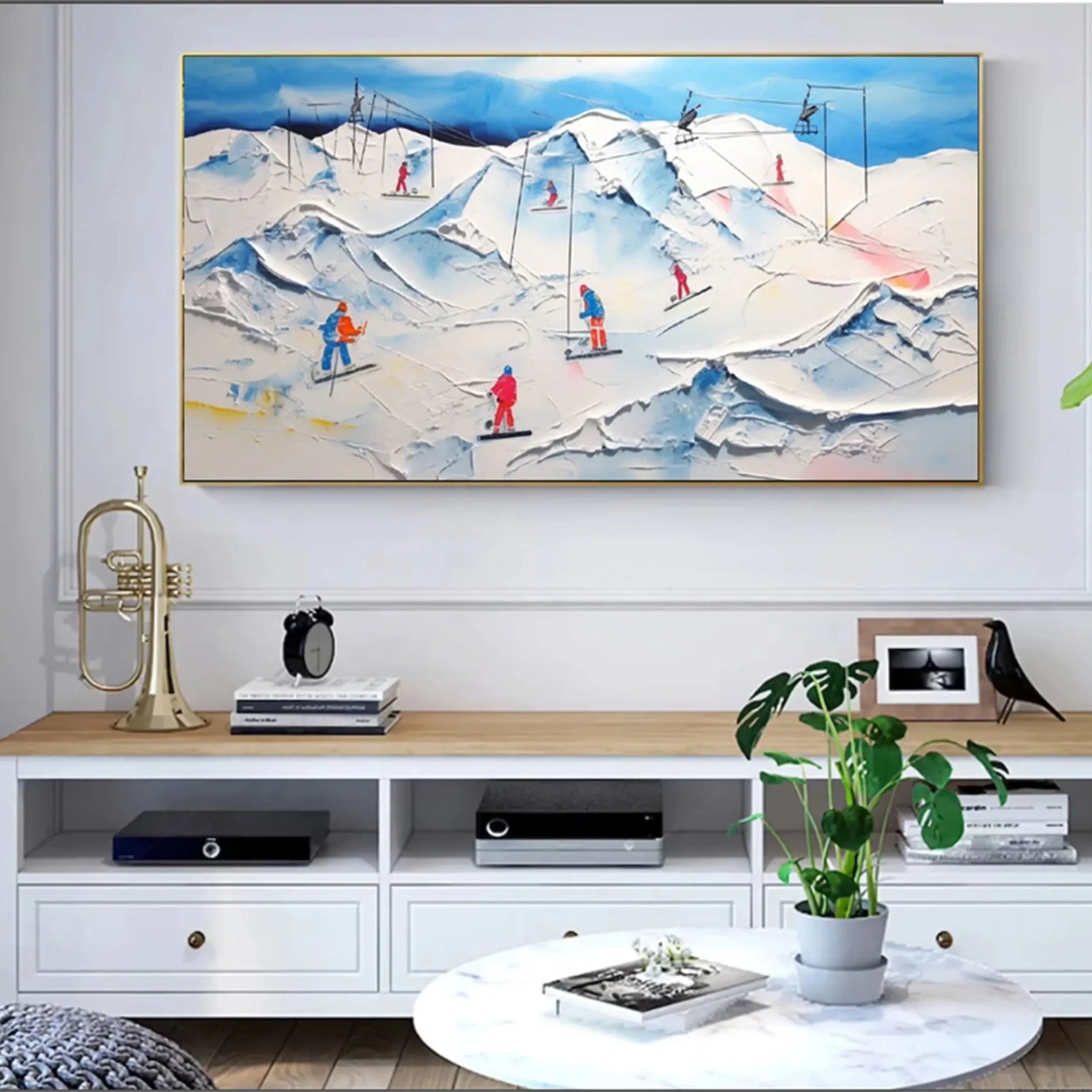 Premium Skiing Sport Art Textured Painting Canvas Wall Decor - Winter Sports Theme Home & Office Decoration #MM224 - Perfect for Living Room, Bedroom, Ski Lodge & Cabin Decor
