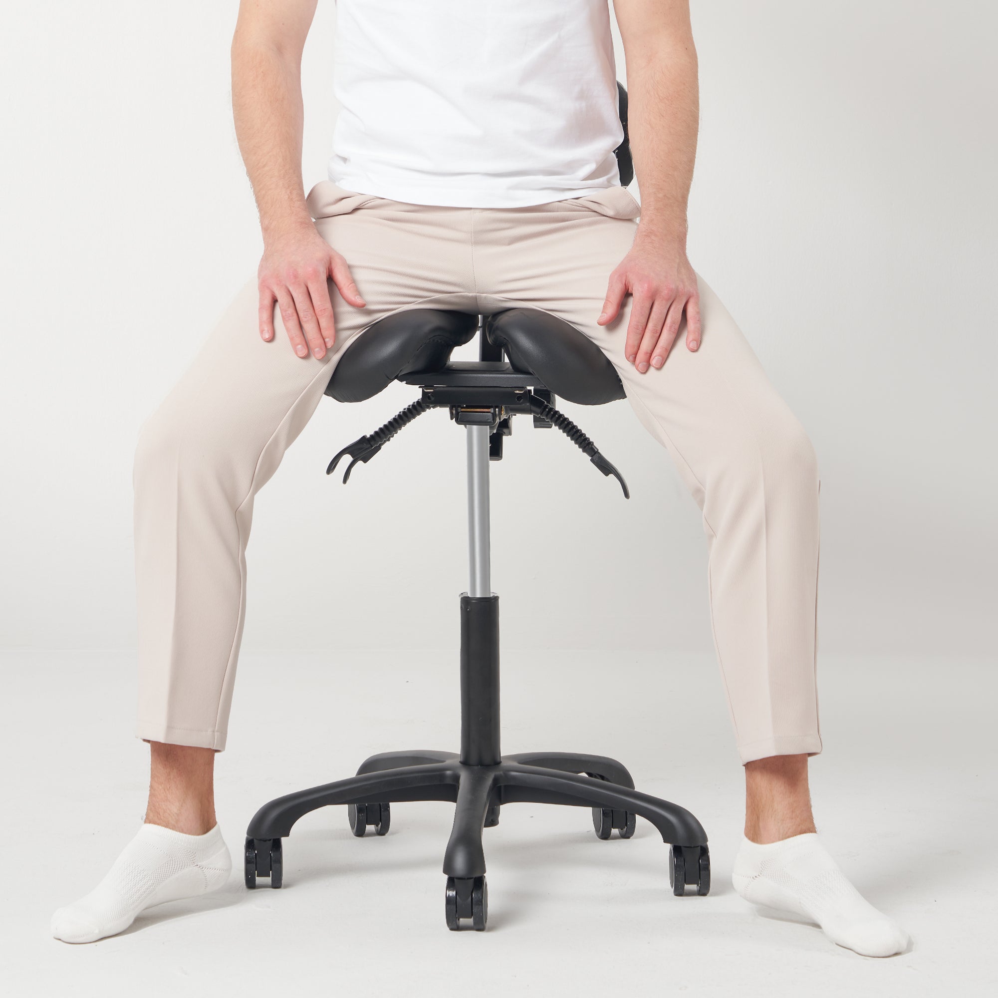 Ergonomic Saddle Stool with Adjustable Height & Tilt - Hydraulic Swivel Rolling Massage Stool for Posture Correction | Split Seat Design with Backrest | Black & Gray Options | Perfect for Massage Therapists, Chiropractors & Office Workers