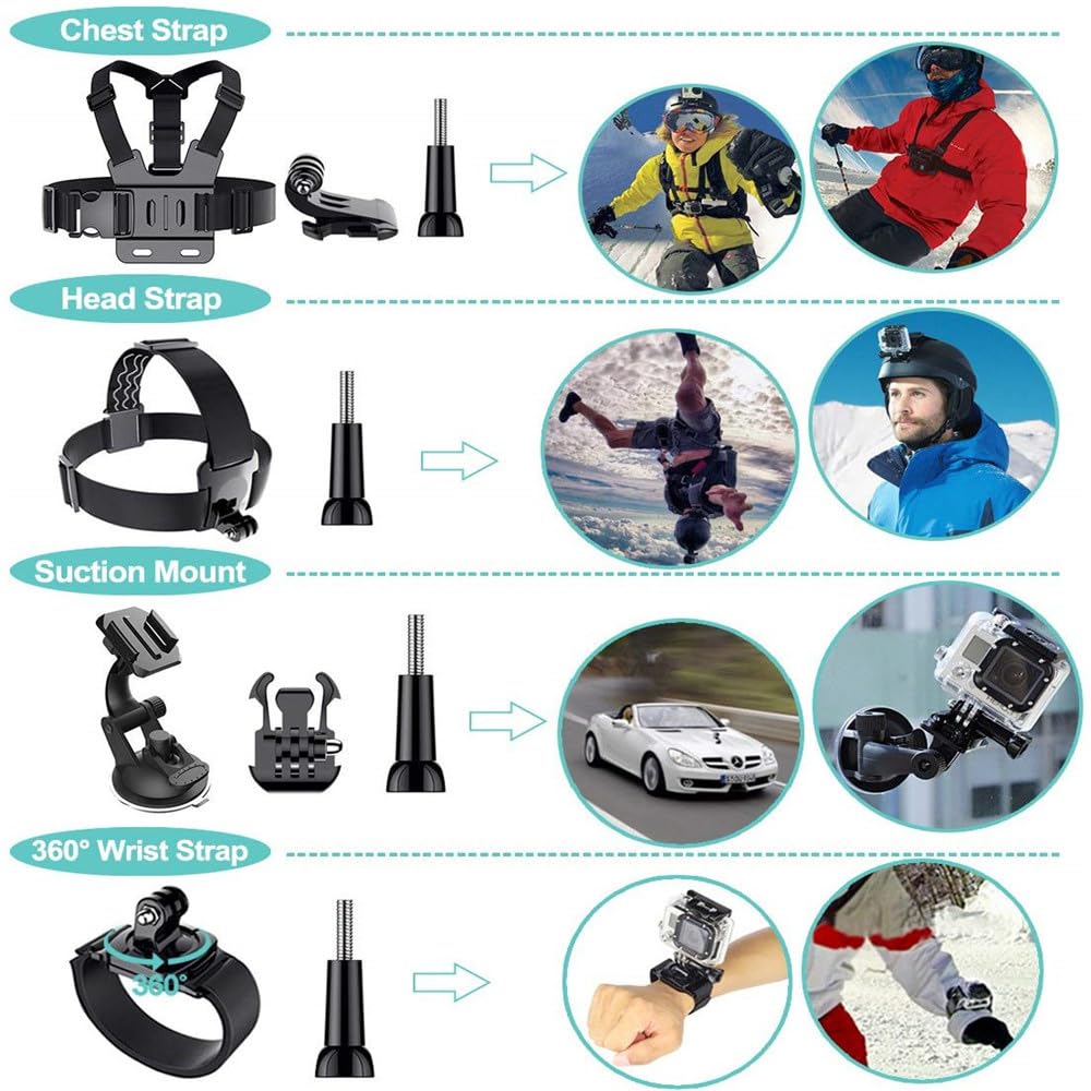 50-in-1 Action Camera Accessories Kit for GoPro Hero 13/12/11/10/9, DJI Osmo Action 2/3/4/Pro 5, Insta360 X2/X3 - Waterproof Durable Case Included - Perfect for Vlogging, Travel, Sports & Underwater Adventures
