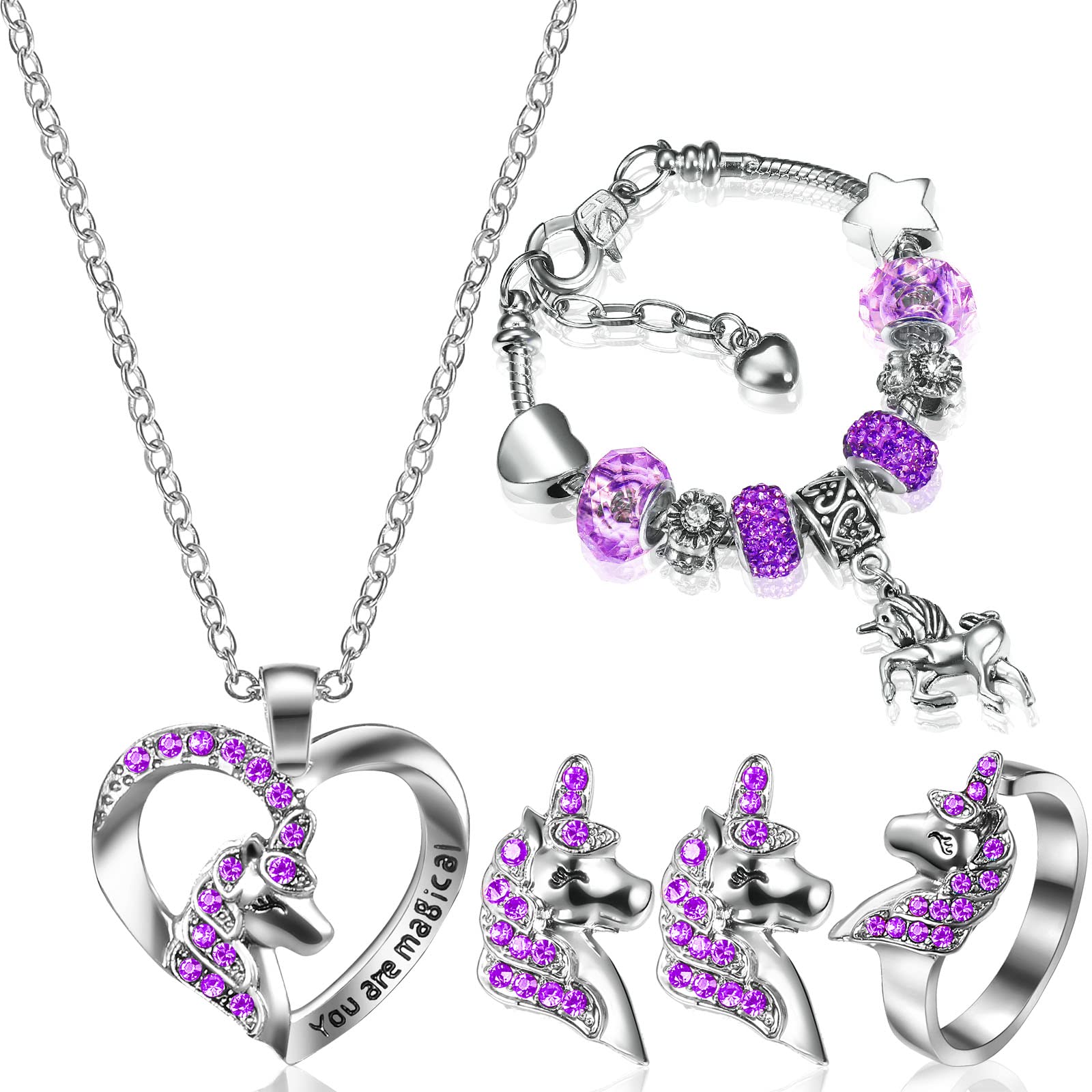 Magical Unicorn Jewelry Set for Girls - Crystal Charm Necklace, Bracelet, Ring & Earrings Gift Box | Perfect Birthday Present for Little Girls | Fairy Tale Party, Princess Dress Up & Special Occasion Accessories
