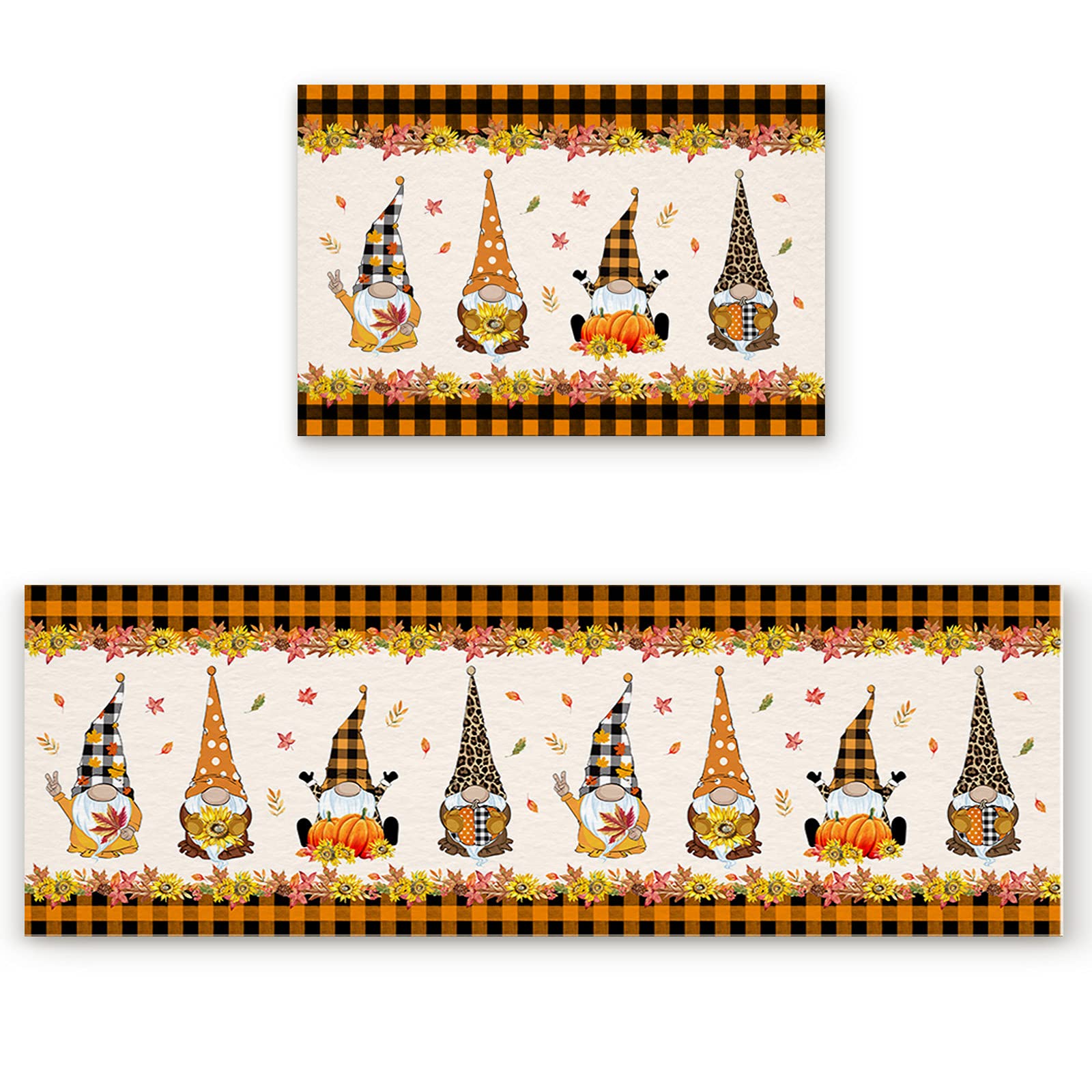 Premium Anti-Fatigue Kitchen Mat Set - 2 Piece Non-Slip Waterproof Floor Mats for Comfortable Standing - Thanksgiving Pumpkin Gnomes Design (15.7