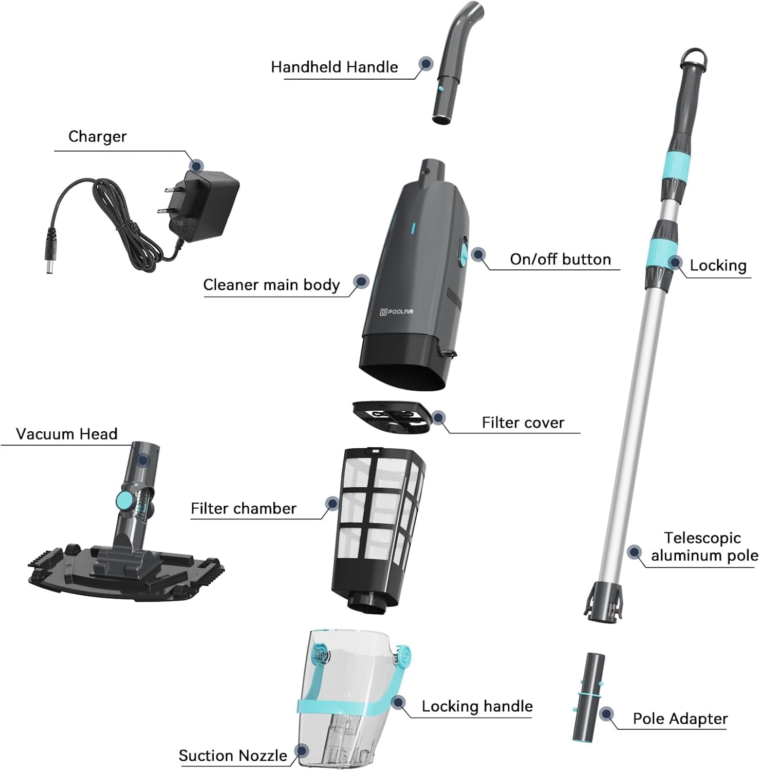 Rechargeable Cordless Pool Vacuum Cleaner - 16 Gal/Min Powerful Suction for Above Ground Pools, Hot Tubs & Spas - 60 Min Runtime Underwater Cleaning - Ideal for Leaves, Dirt & Debris Removal - Perfect for Backyard, Vacation Homes & Swimming Pool Maintenance (Black)
